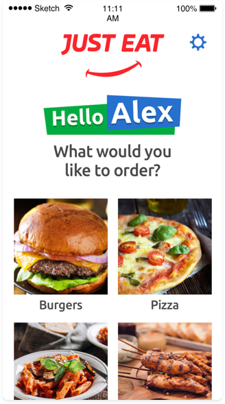 Just Eat app screen greeting Alex with options to order burgers, pizza, pasta, and grilled skewers.
