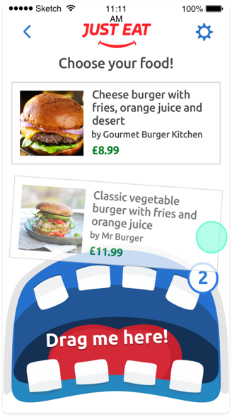 Just Eat app screen showing burger meal options and a drag target area shaped like a mouth.