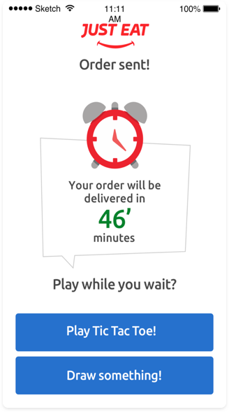 Just Eat order confirmation screen showing delivery in 46 minutes with options to play games while waiting.