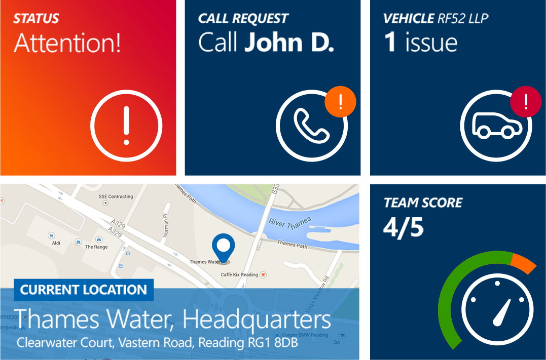 Dashboard with alerts: call John D., vehicle issue, location Thames Water Reading, team score 4 of 5.