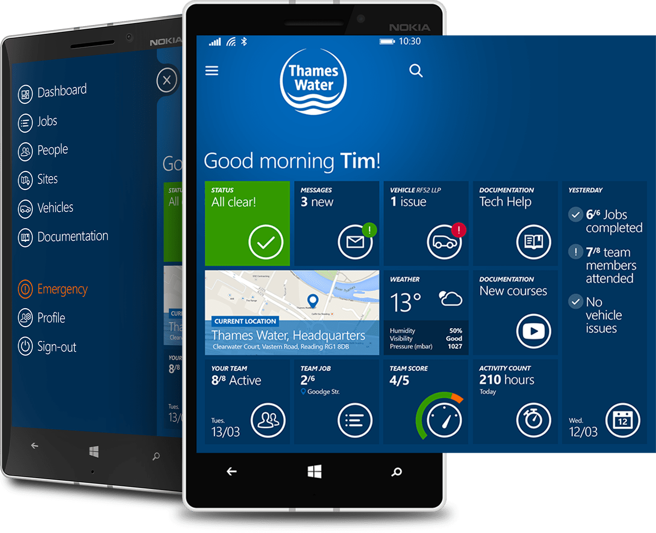 Mobile app dashboard for Thames Water showing status, messages, vehicle issues, weather, and team info.