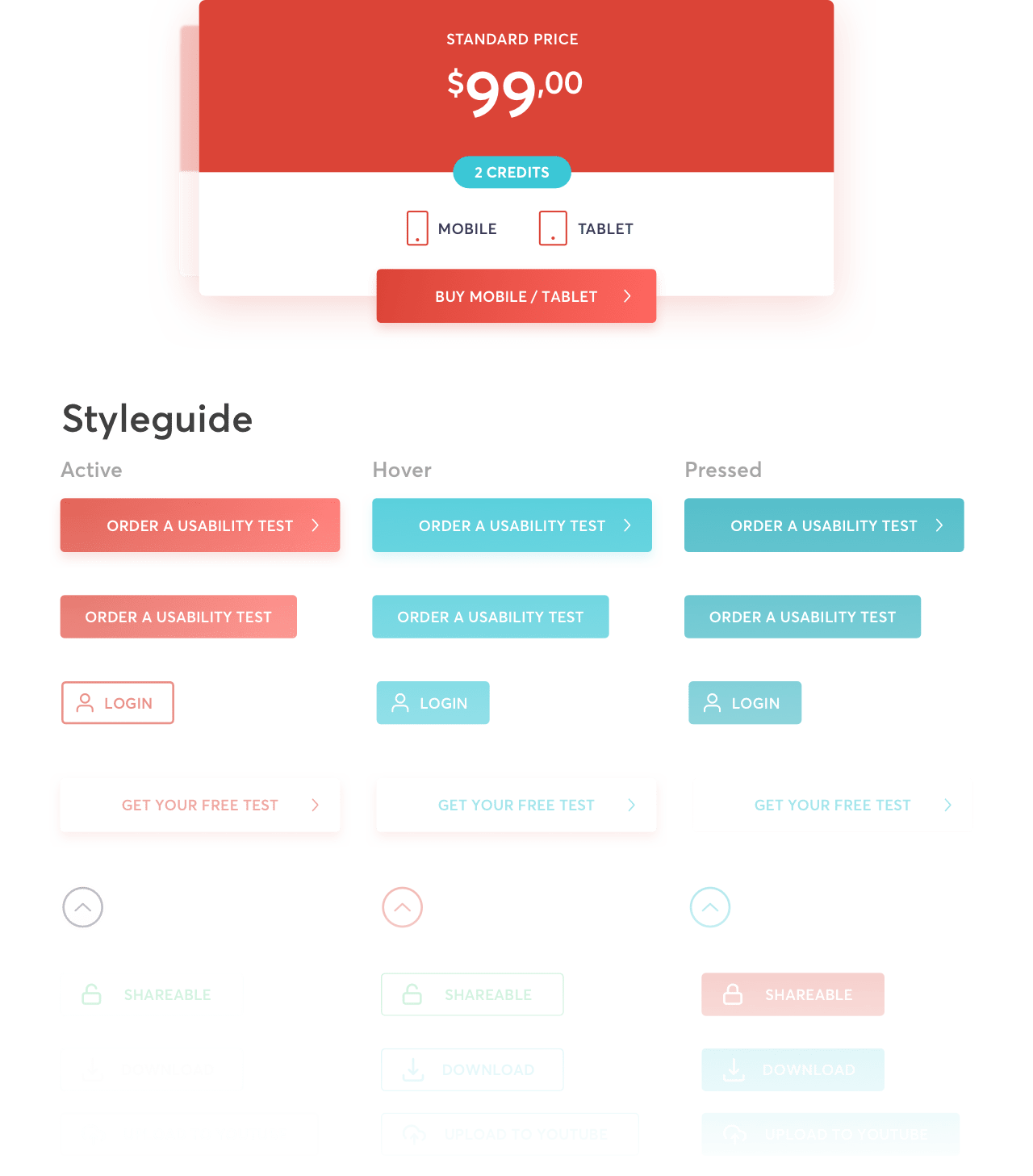 Userfeel.com style guide showing red, blue, and white buttons in active, hover, and pressed states with text and icons.