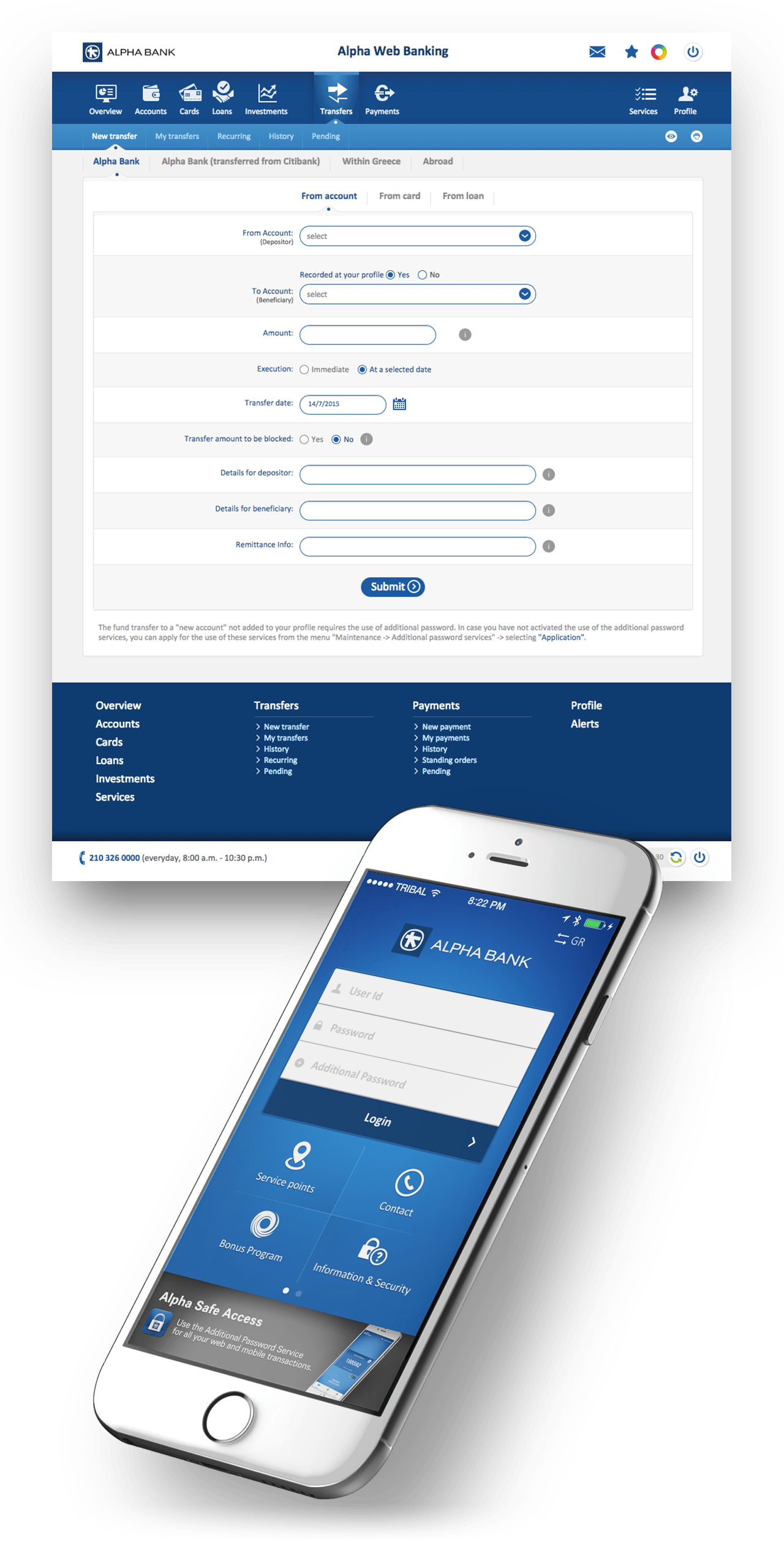 Alpha Bank web banking transfer page on computer and login screen on mobile phone.