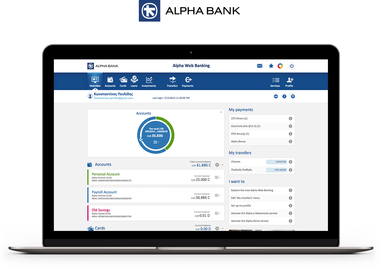 Laptop screen showing Alpha Bank web banking interface with account balances and payment options.
