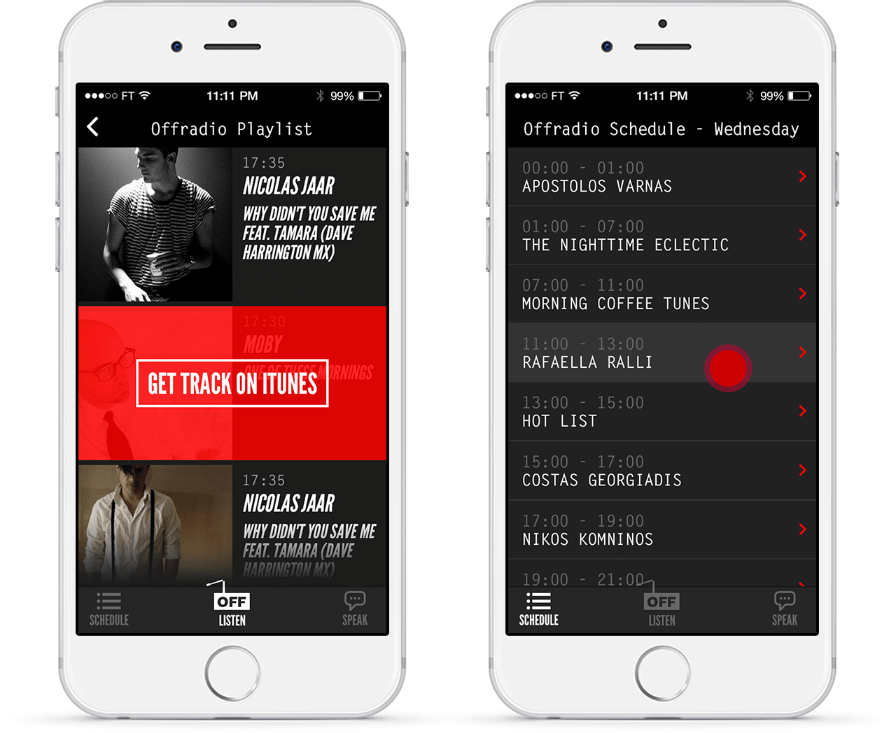Offradio mobile app playlist screens with track listings
