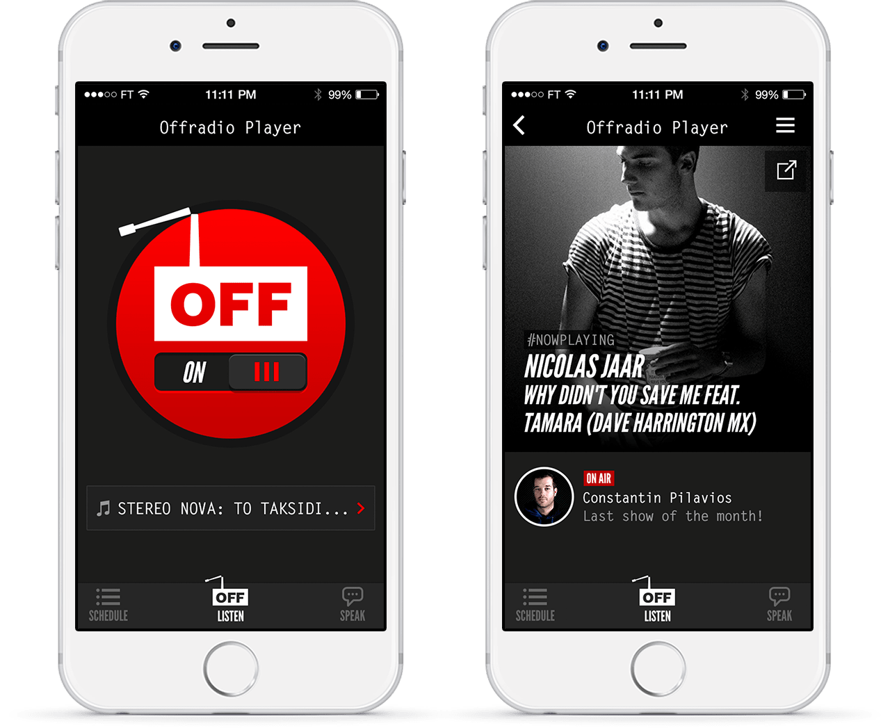 Offradio mobile app player and now-playing screens