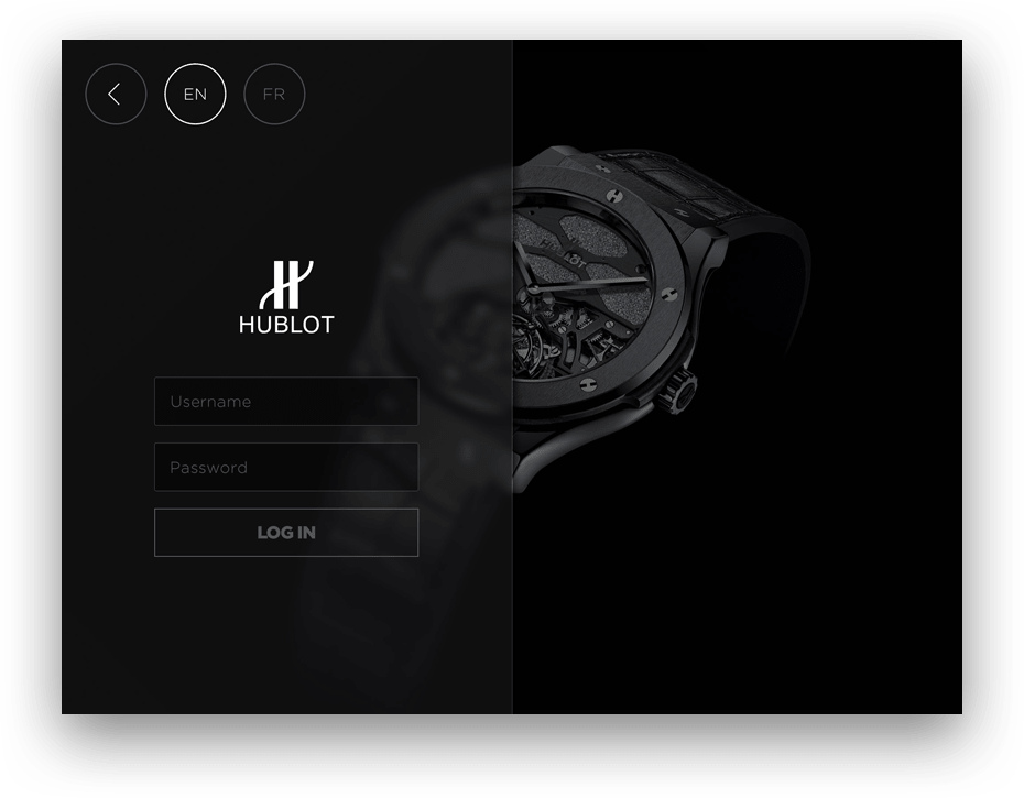 Login screen with Hublot logo and a black luxury watch in the background.