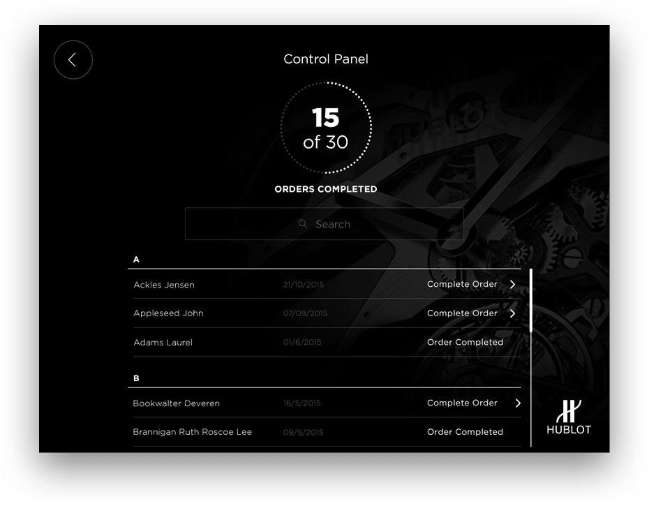 Control panel showing 15 of 30 orders completed with a searchable list of customer names and order statuses.