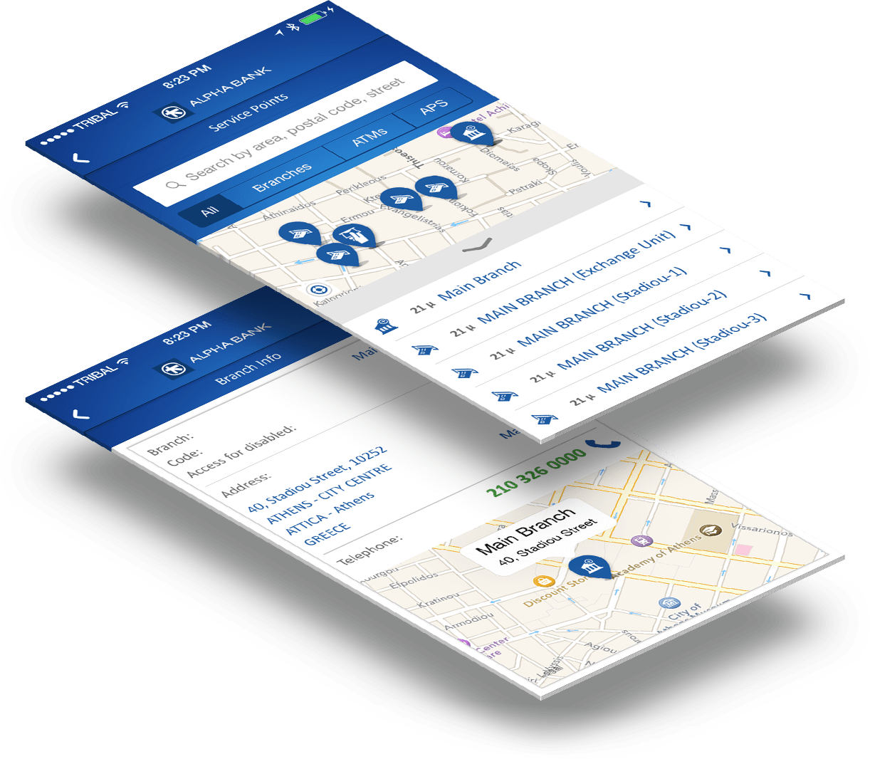 Mobile app screens showing Alpha Bank branch search with map and branch details in Athens, Greece.