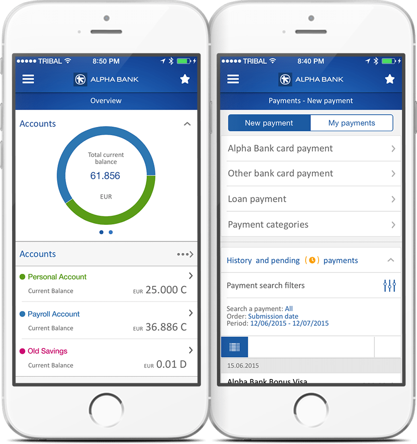Two phones show Alpha Bank app screens: account balances and new payment options with filters.