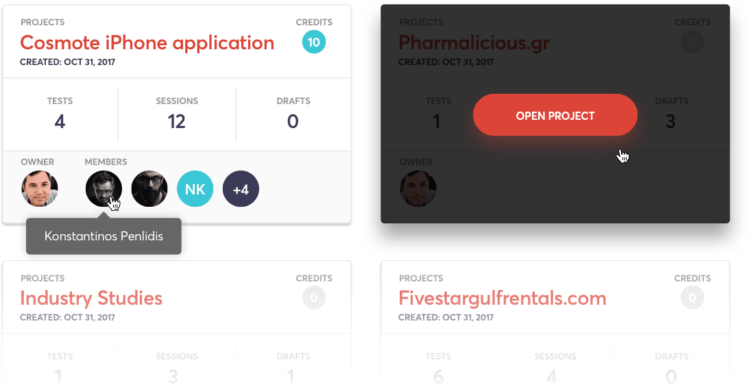 Userfeel.com dashboard with four project cards showing tests, sessions, drafts, owners, and members with project names and credits.