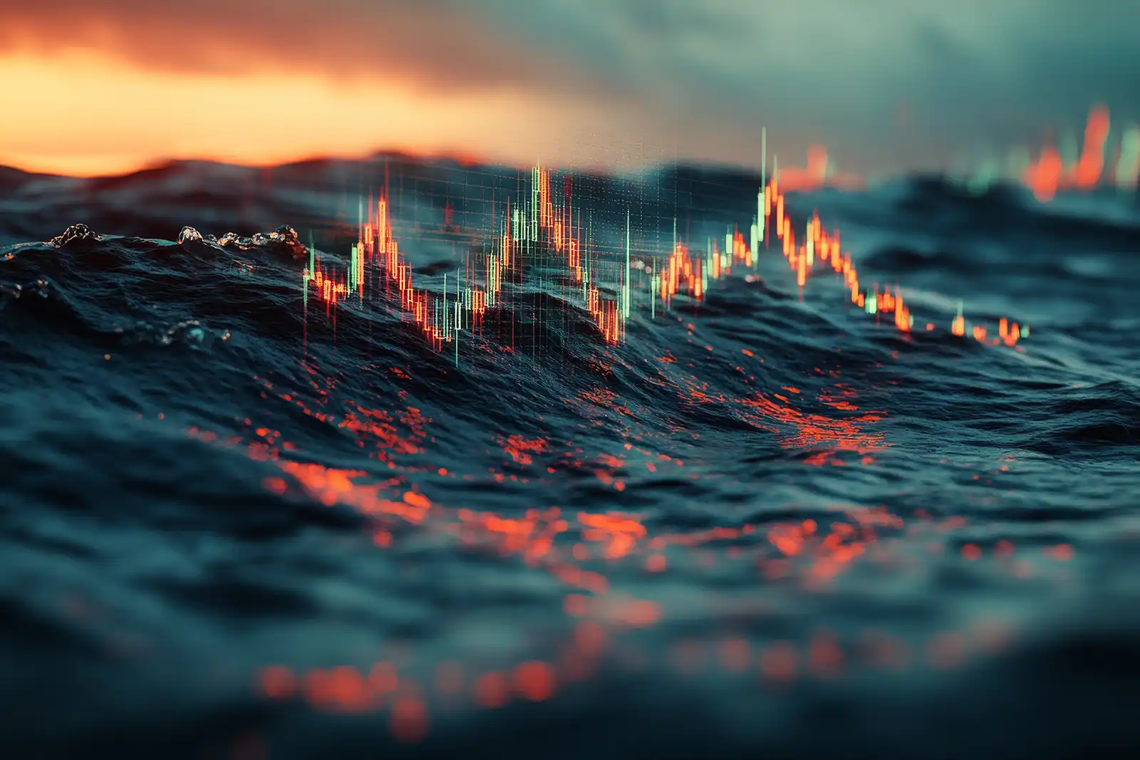 Montagem fotográfica de um oceano e gráficos financeiros sobrepostos.