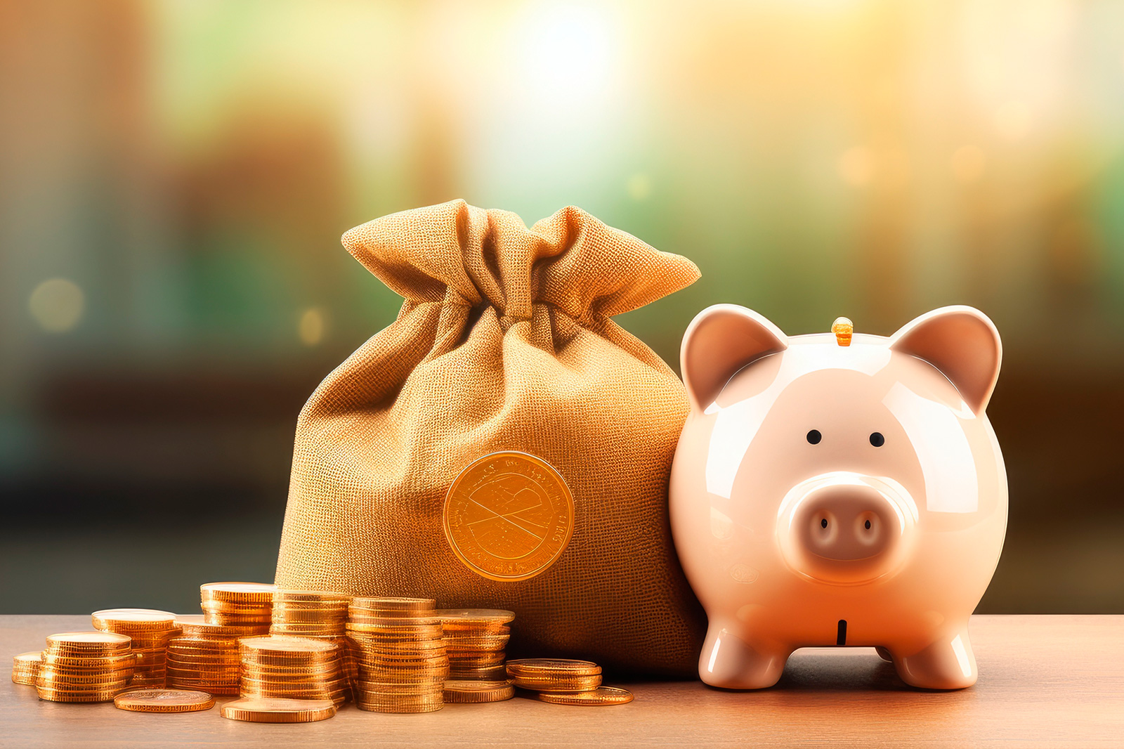 cofrinho porquinho sobre uma mesa e o lado um saco de dinheiro e moedas sobre a mesa
