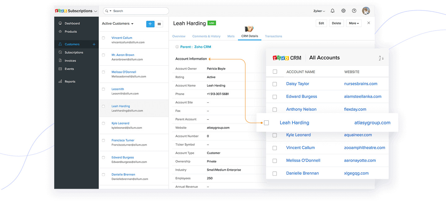 Zoho CRM panel
