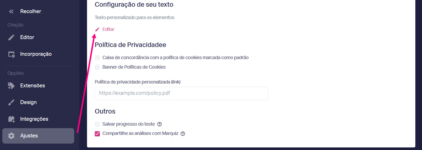 Settings to edit button text
