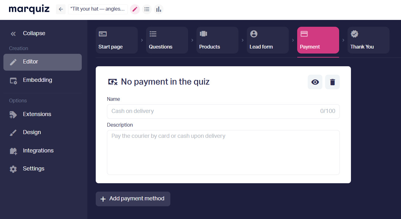 No payment in the quiz