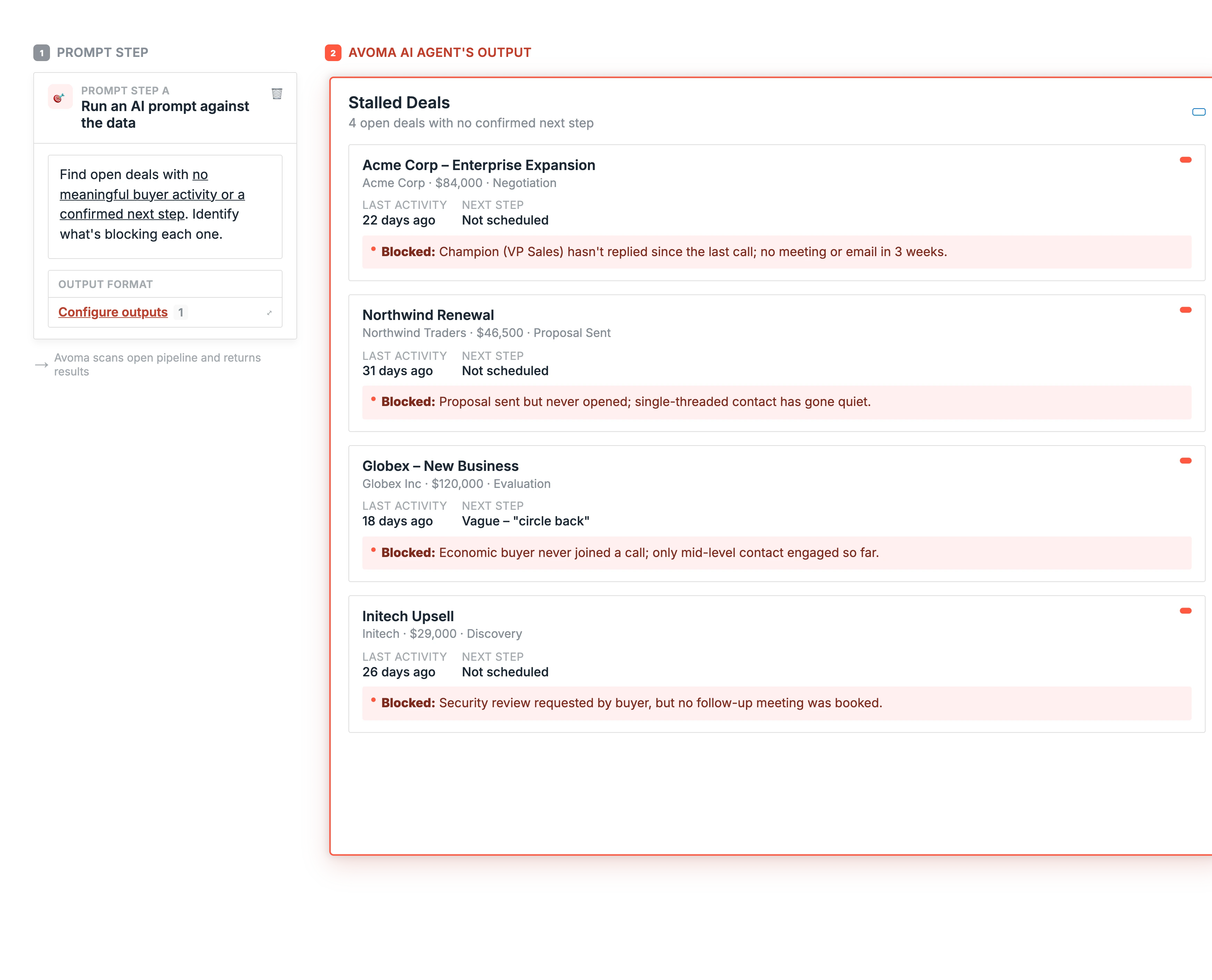 Prompt step: run an AI prompt to find open deals with no meaningful buyer activity or a confirmed next step and identify what's blocking each one