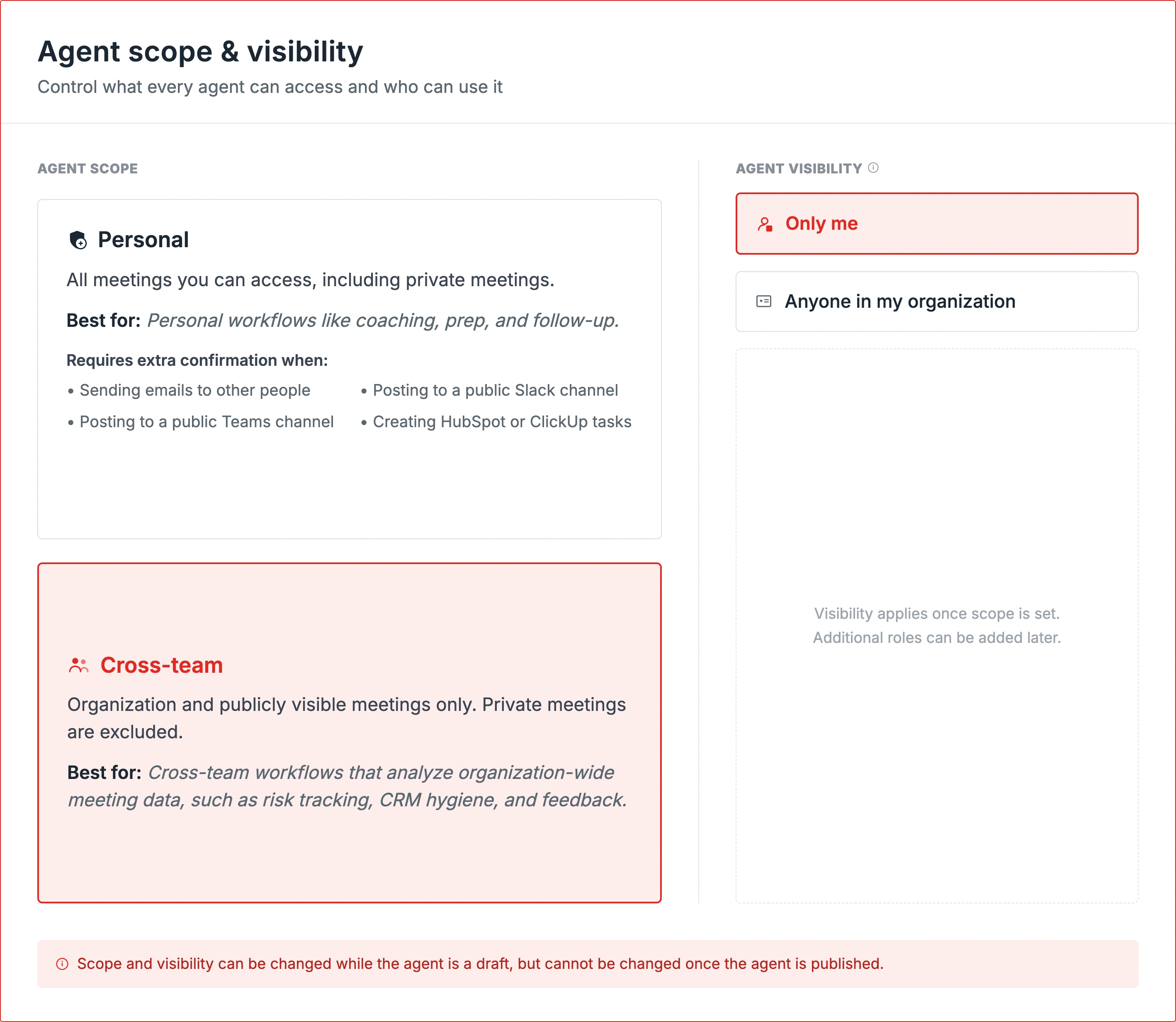 Agent scope and visibility settings showing Personal versus Cross-team scope options and Only me versus organization-wide visibility controls