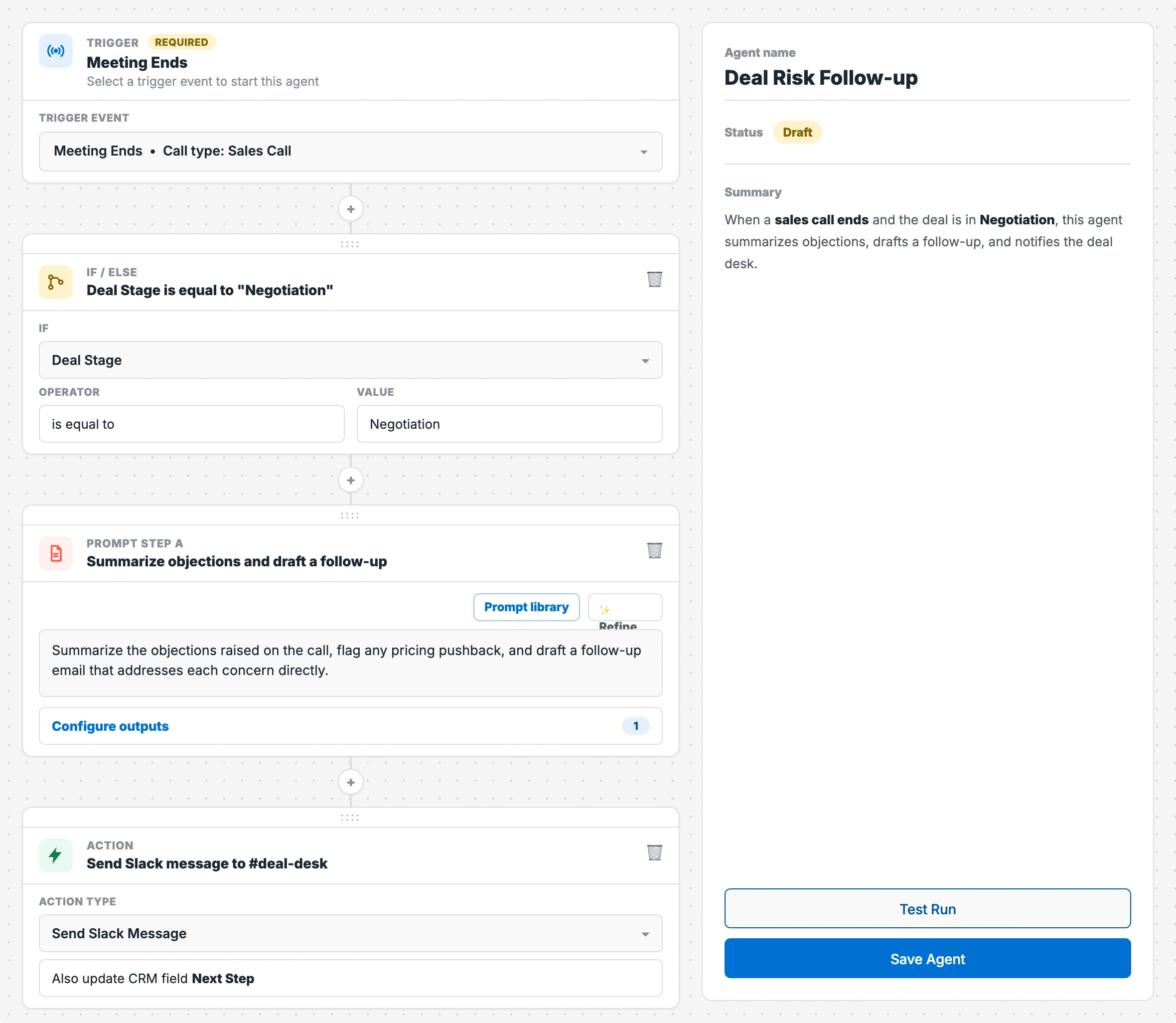 Agent Builder screen showing a Deal Risk Follow-up agent with trigger, if/else condition, prompt step, and Slack action, plus an Add Next Step panel