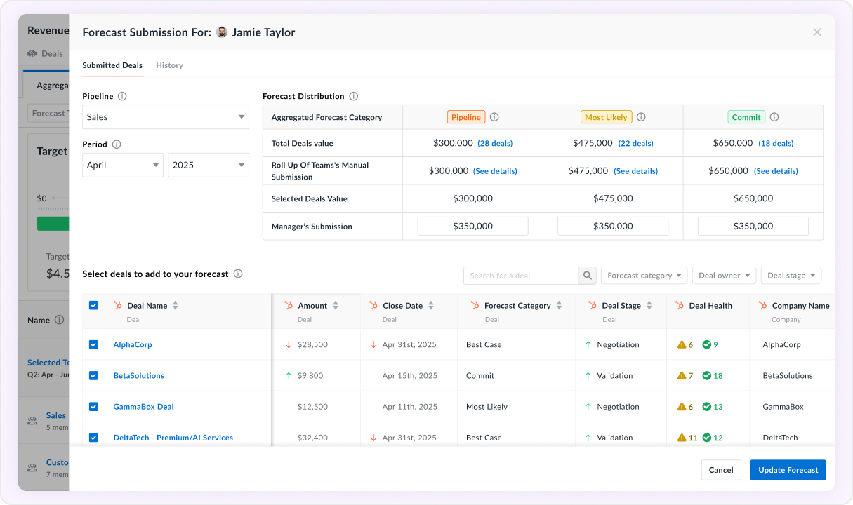 Build forecasts from real deal status and progress