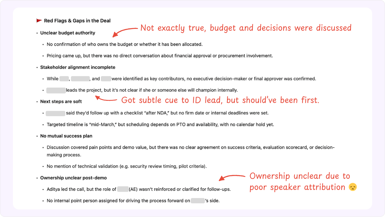 ChatGPT output from a prompt assessing deal risks after a sales call.