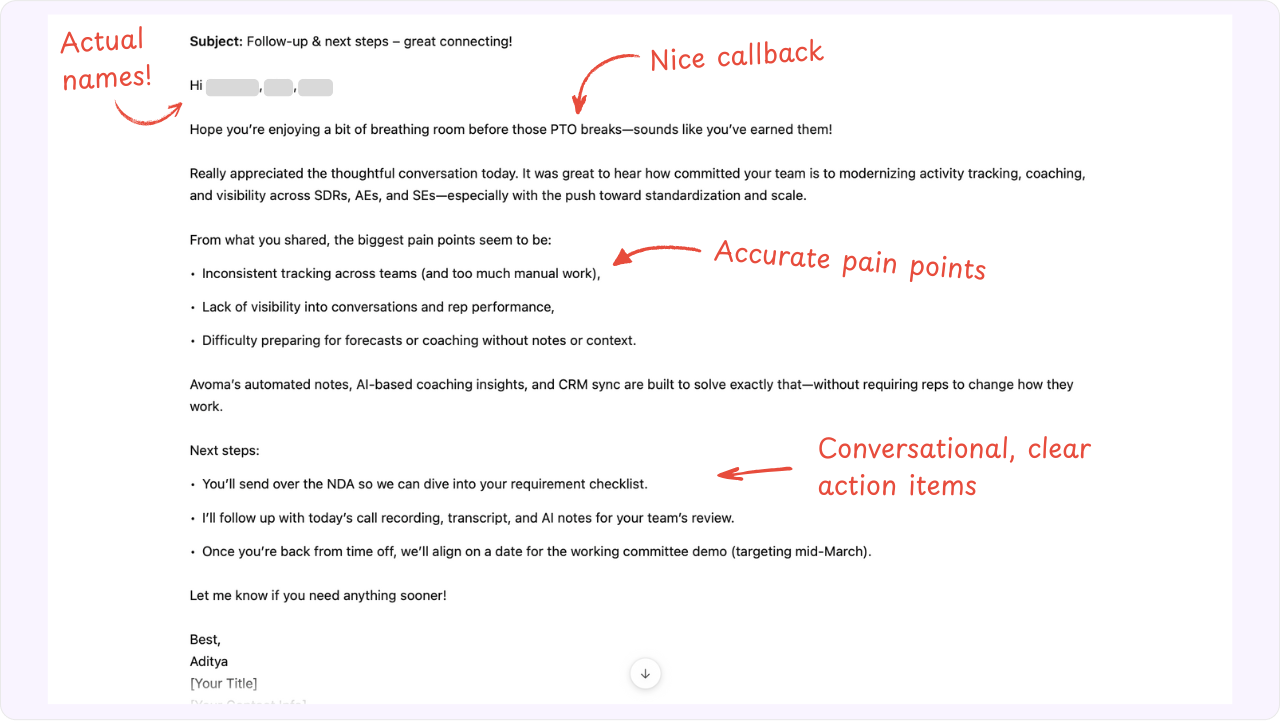 Screenshot of ChatGPT‑generated follow‑up email for sales reps from a meeting transcript prompt.