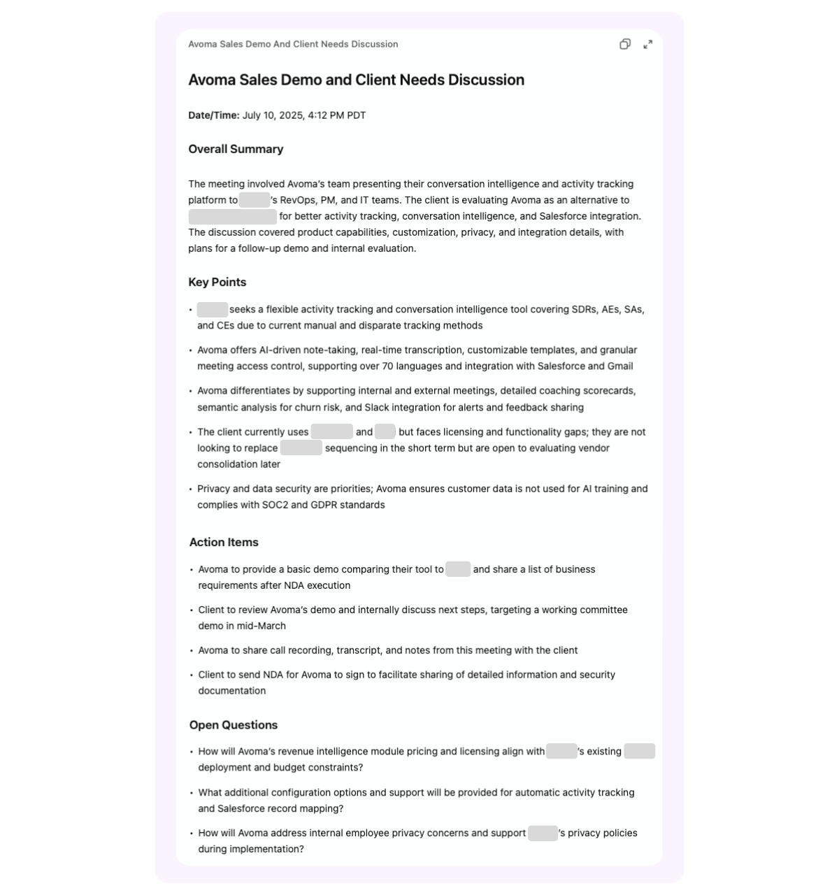 Screenshot of ChatGPT meeting notes with transcript, summary, decisions, and action items delivered in under a minute