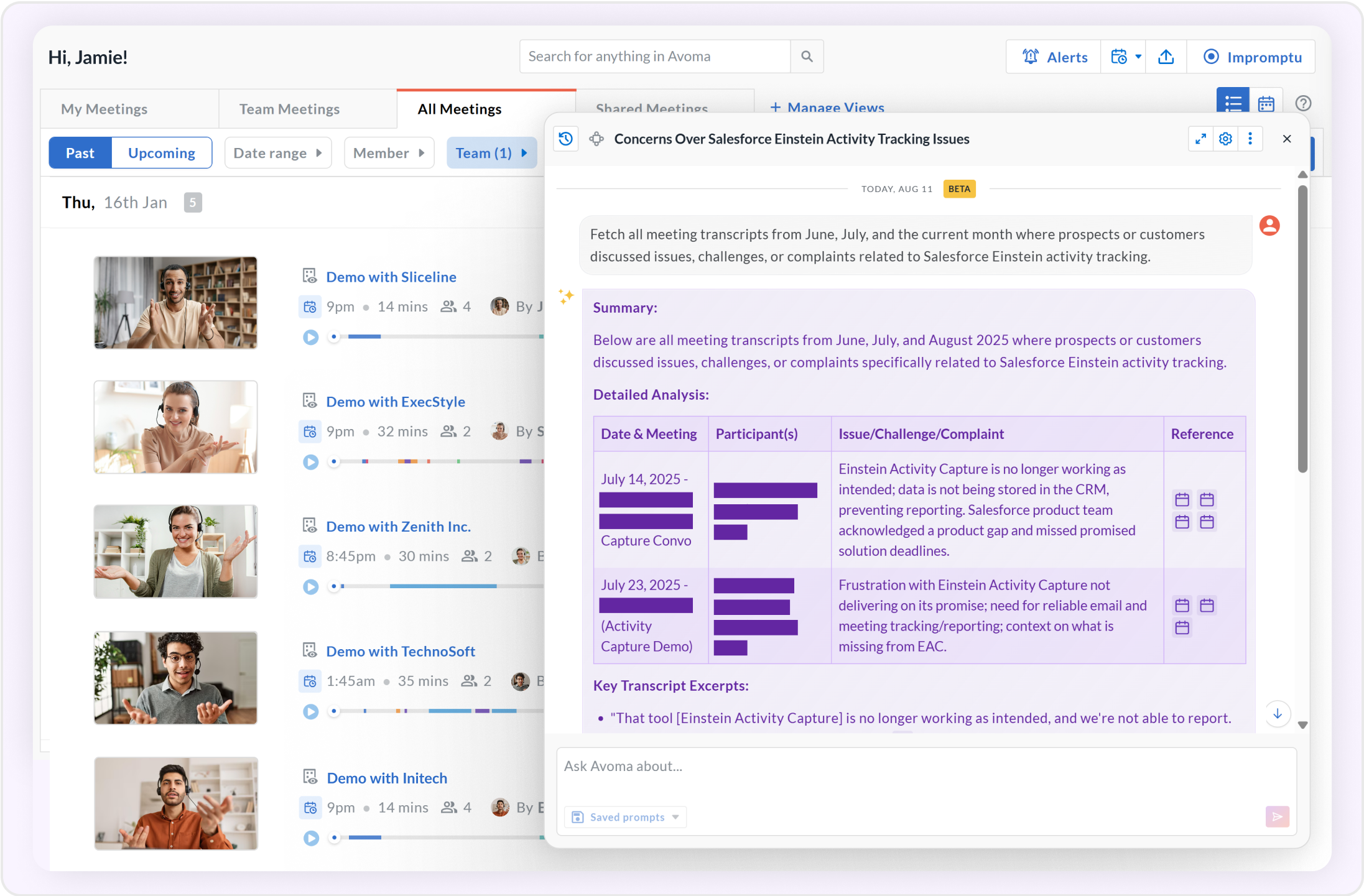 Screenshot of Ask Avoma highlighting insights that link Salesforce challenges to Einstein Activity Capture.