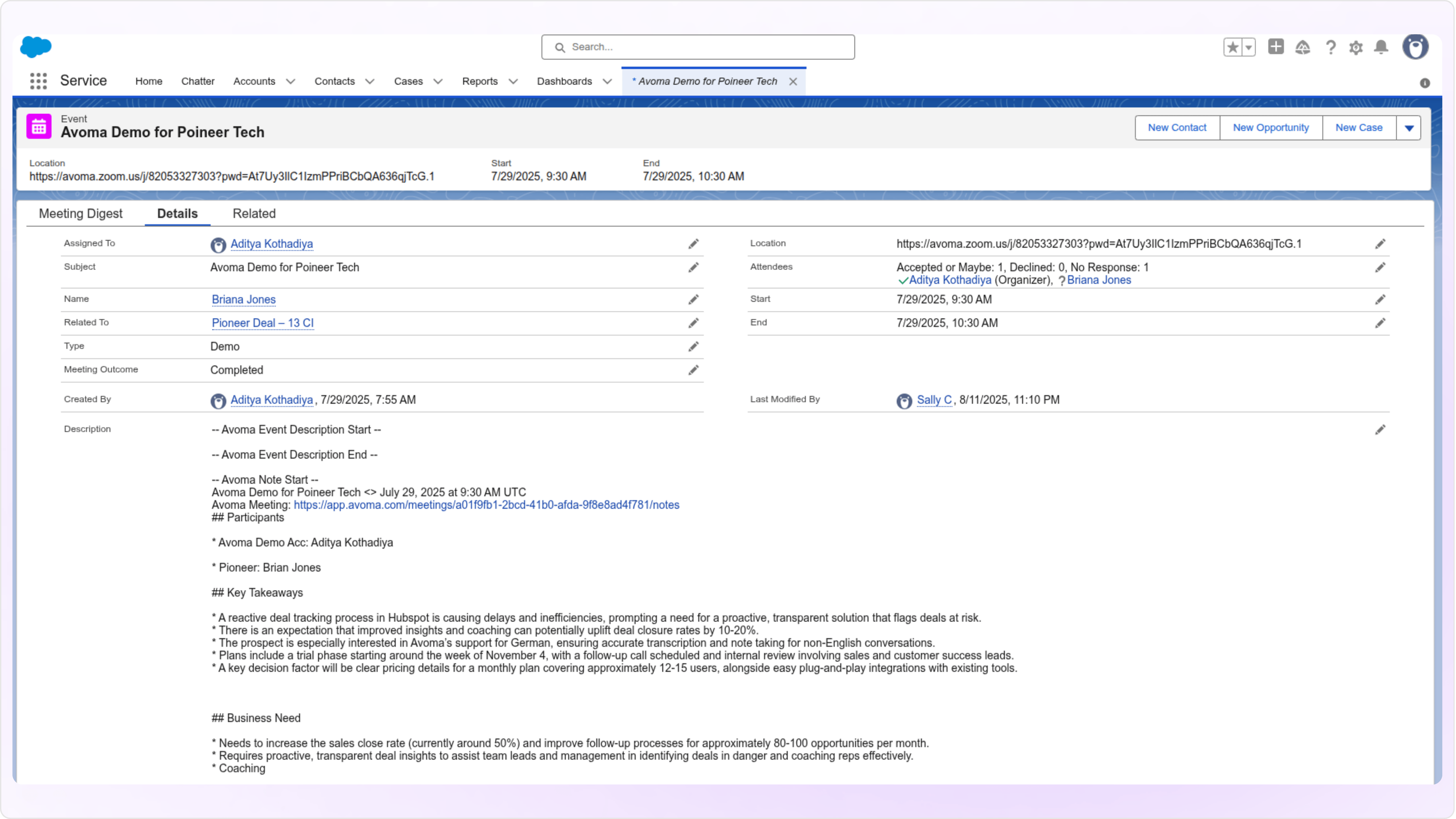 Screenshot of Avoma auto-updates Salesforce Event records with purpose, outcomes, notes, attendees, and more