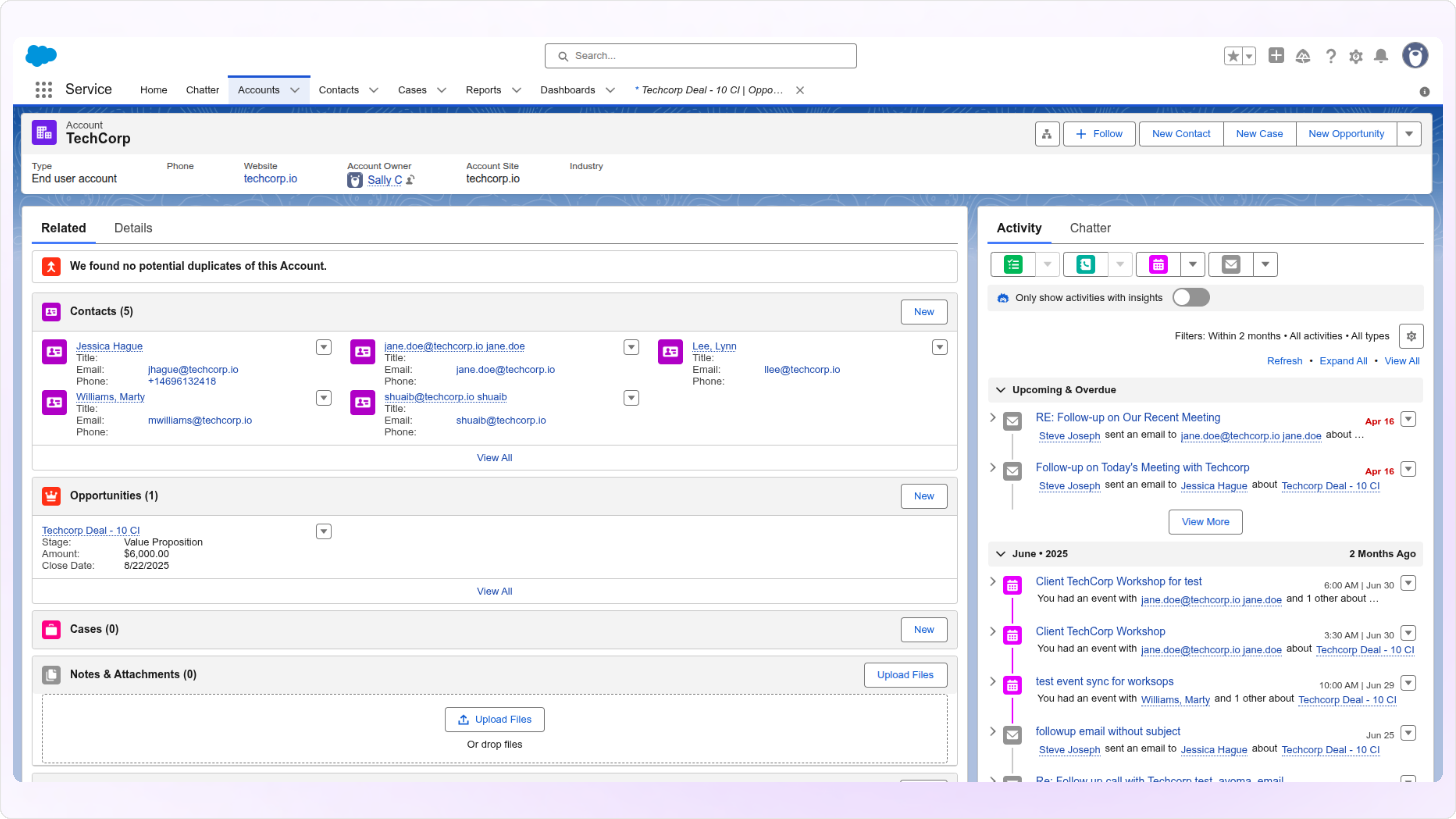 Screenshot of activity data at account level in Salesforce