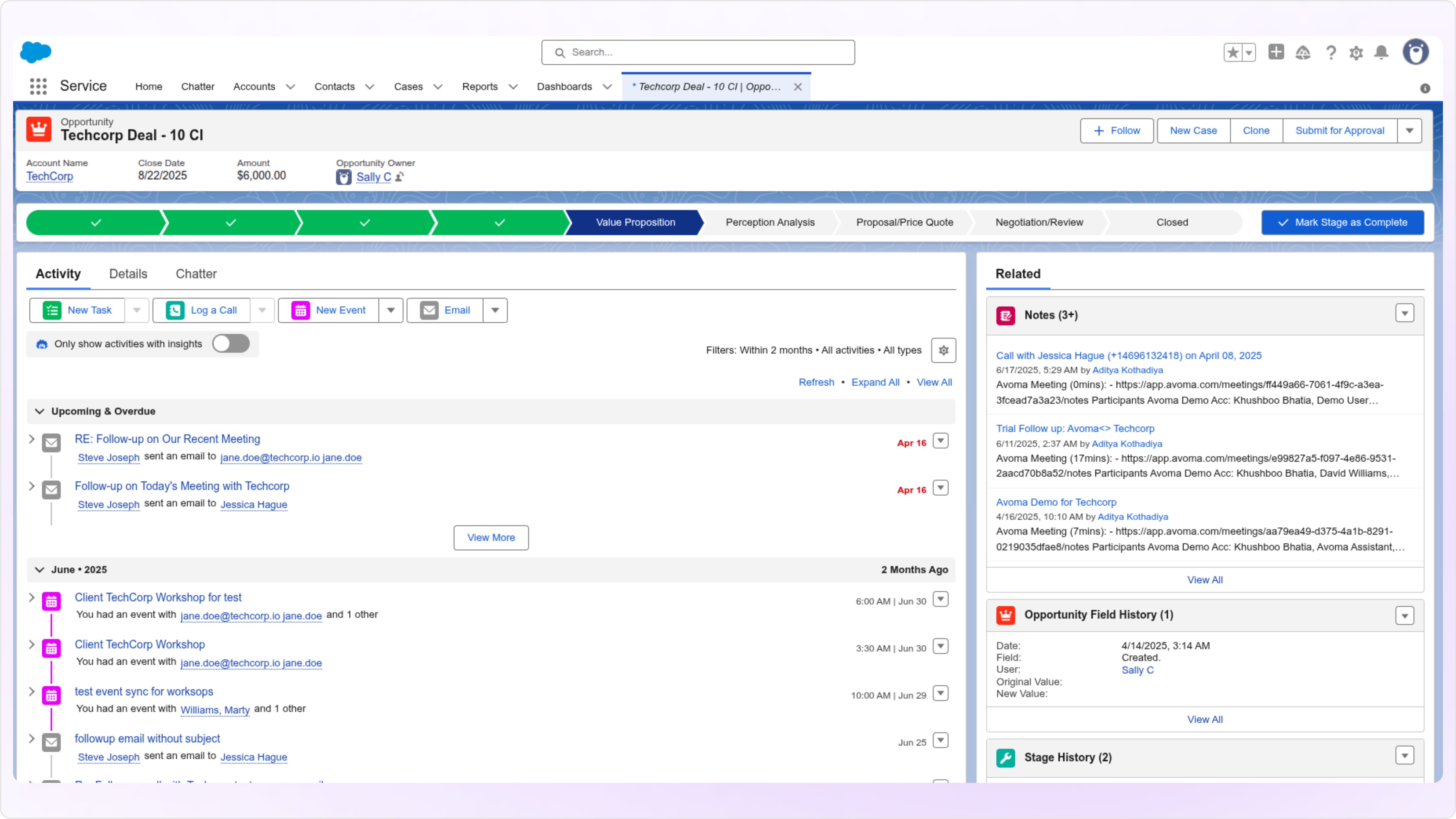 Screenshot of how Avoma helps associate activity data at opportunity level in Salesforce