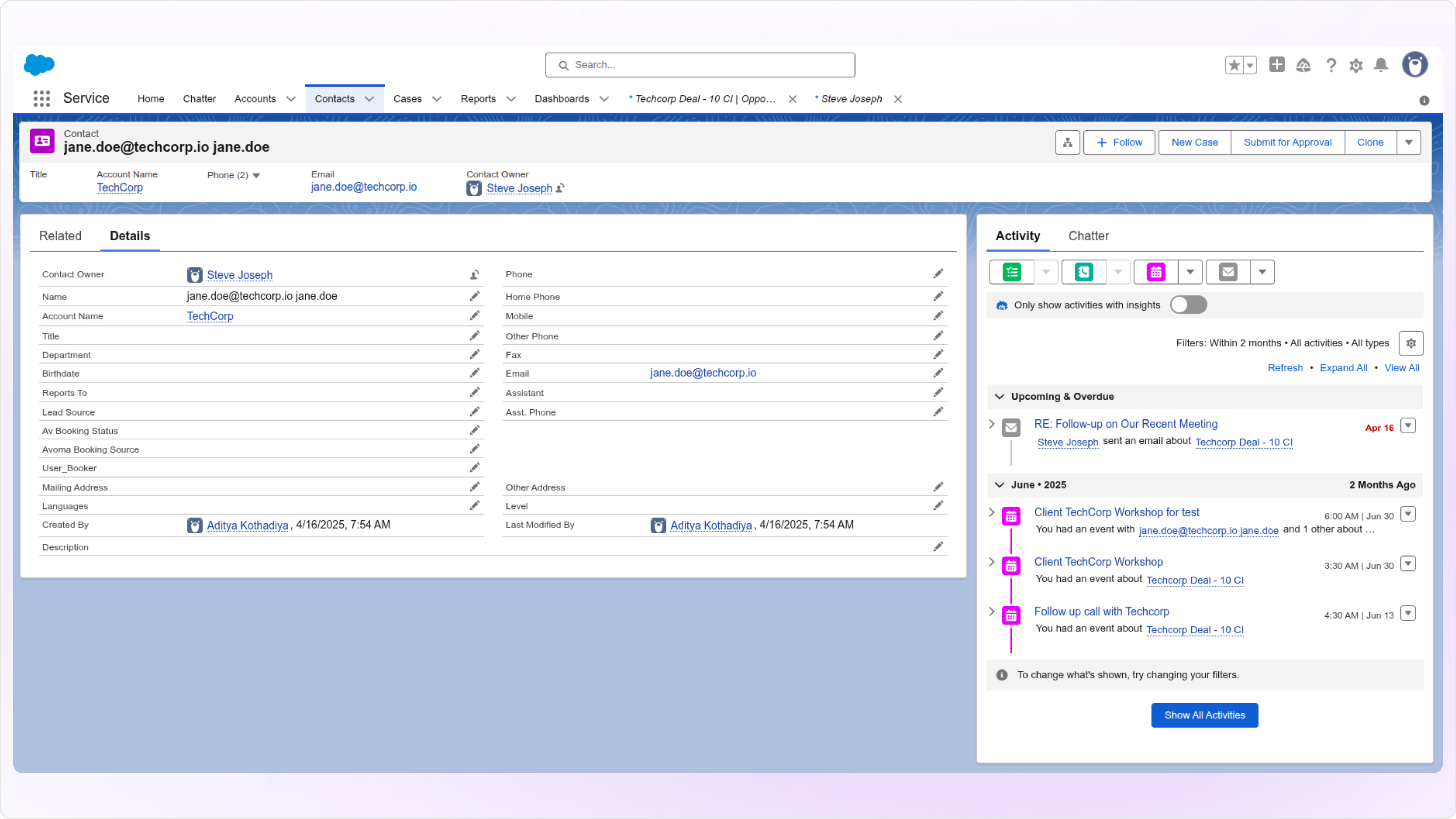 Screenshot of Salesforce activity data at contact level