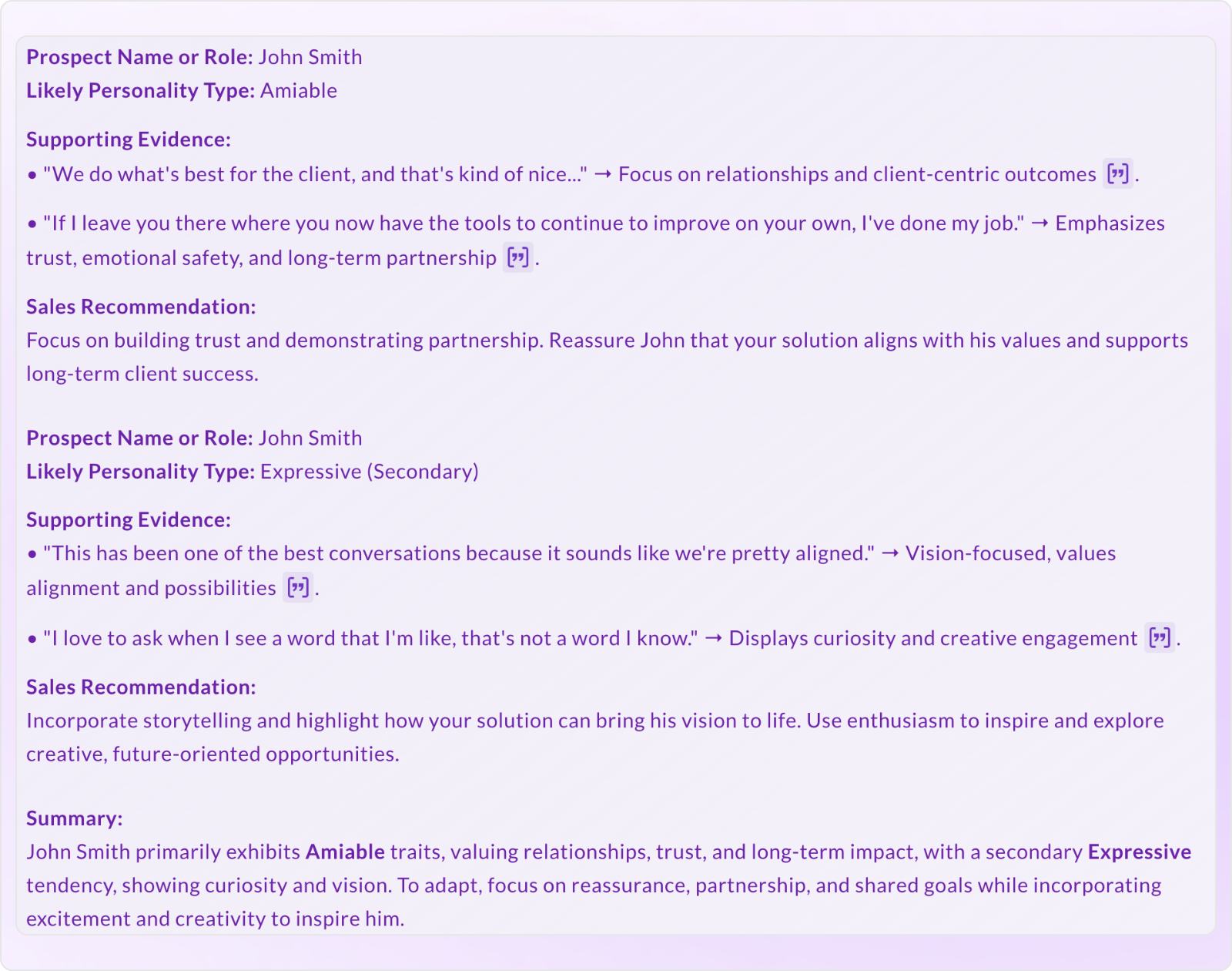 Screenshot of Ask Avoma interface showing how reps can enter a prompt to instantly determine a buyer’s personality type.