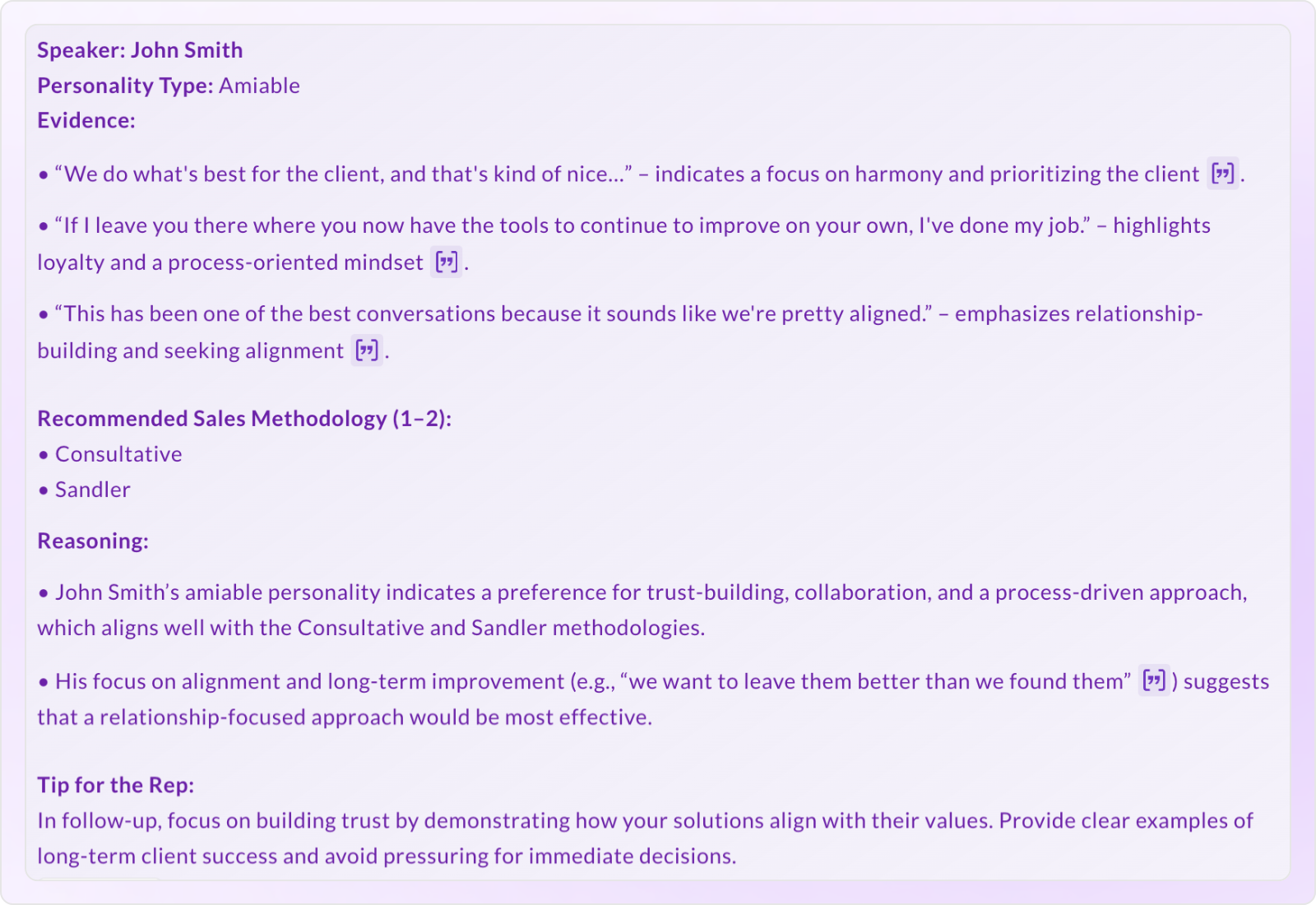 Screenshot of Ask Avoma interface showing how a quick prompt suggests the best sales methodology.