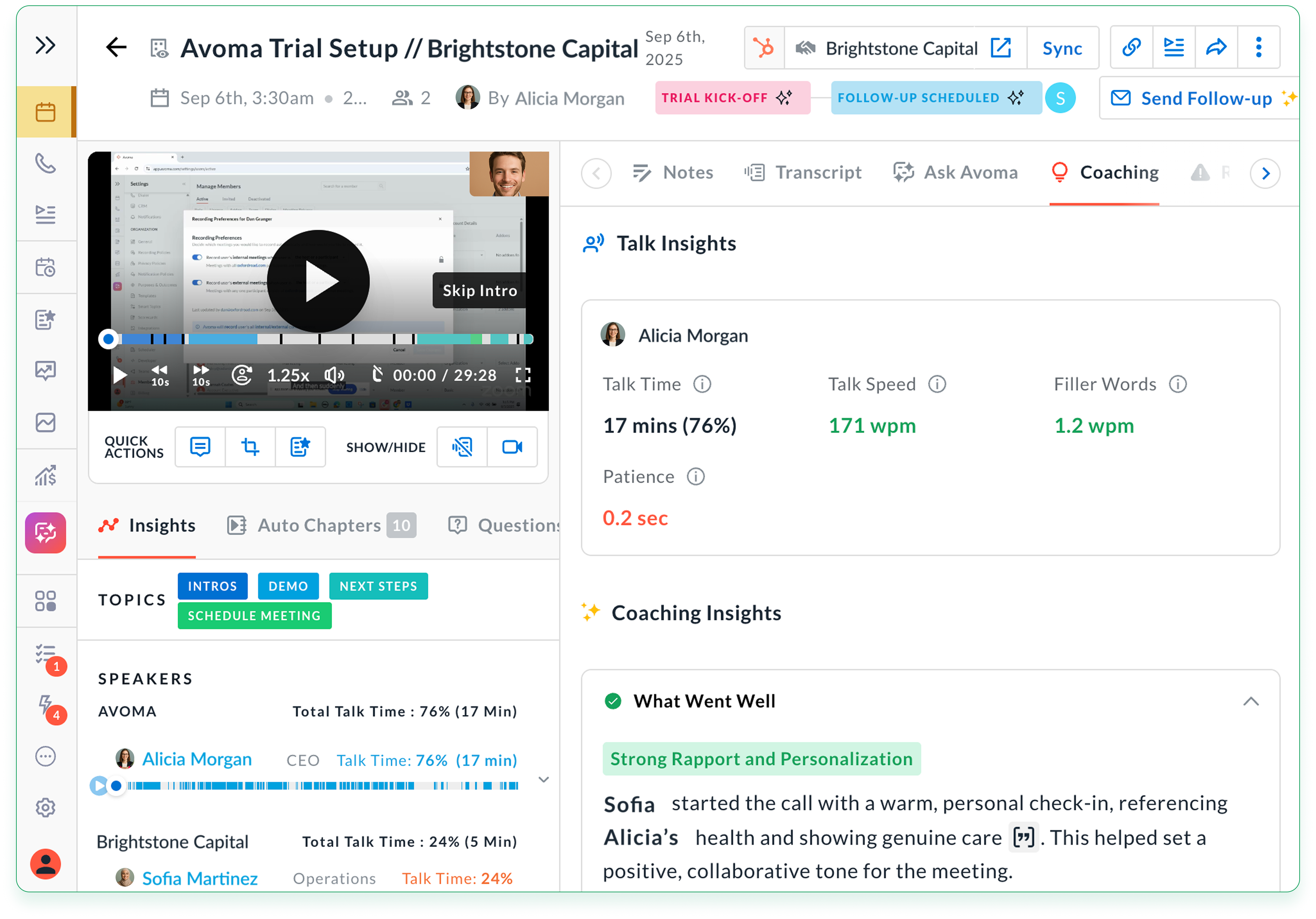 Screenshot of Avoma's coaching insights
