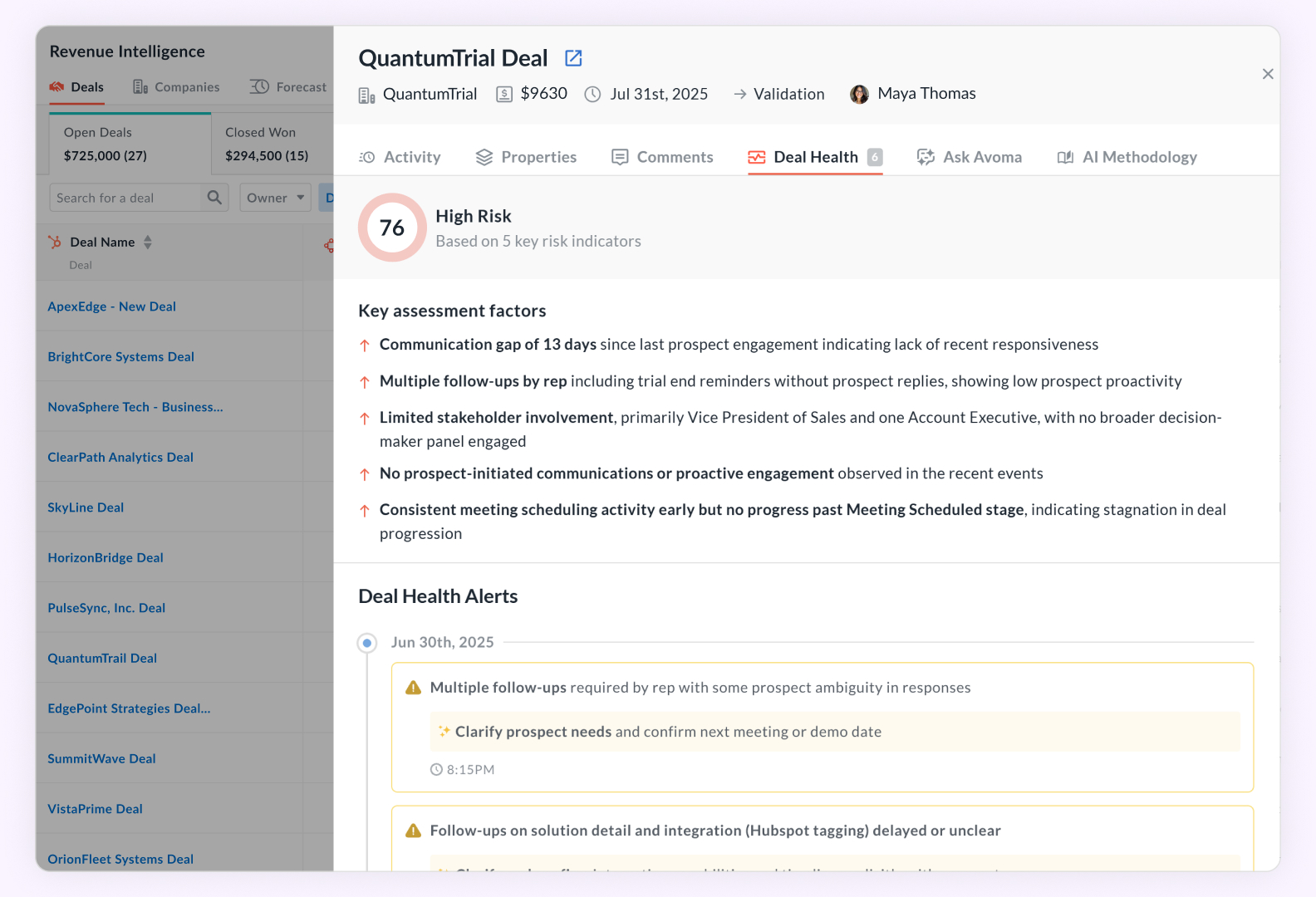 Avoma screenshot of deal health for forecast inspection signals