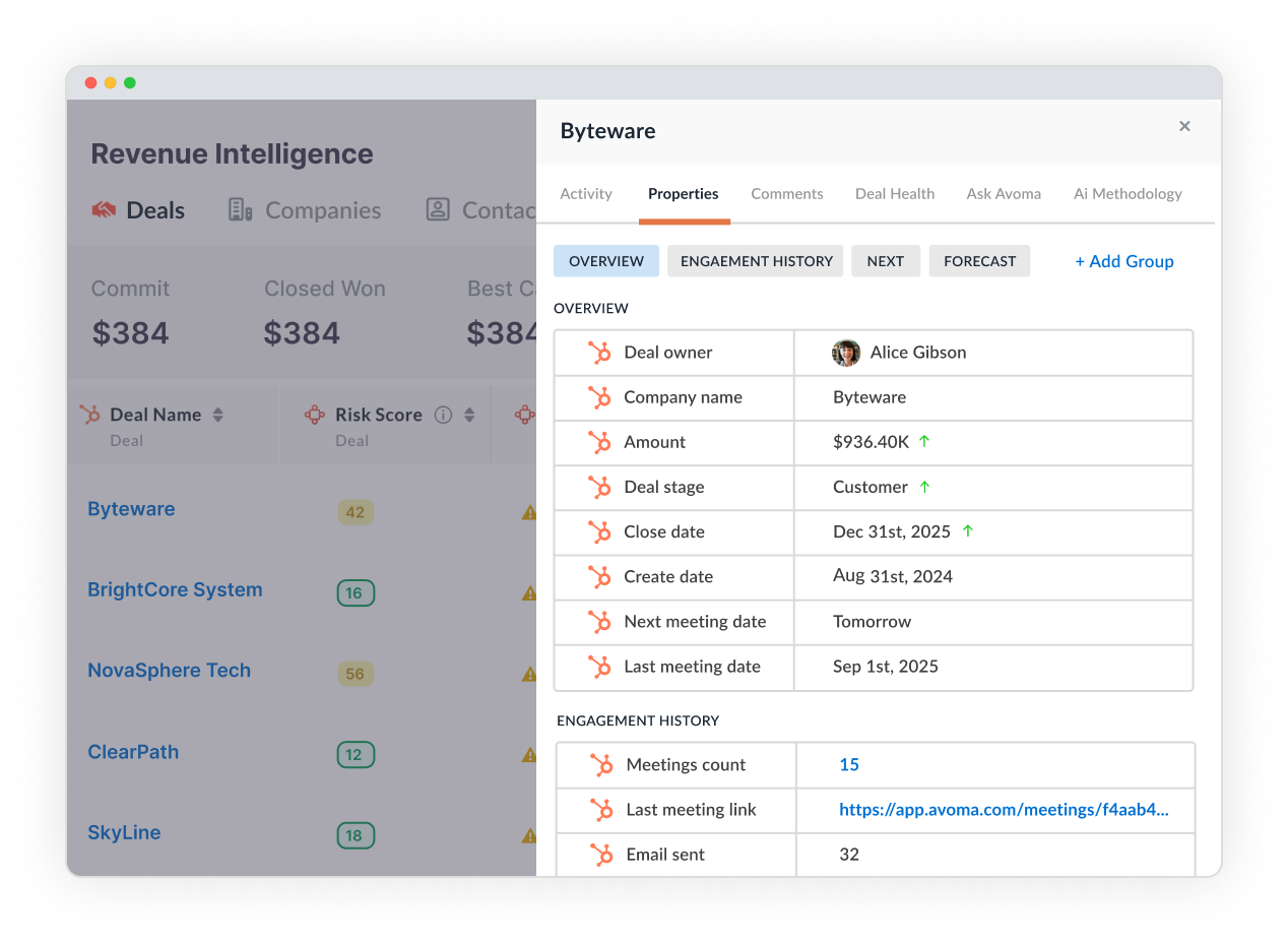 A screenshot of Avoma CRM sync