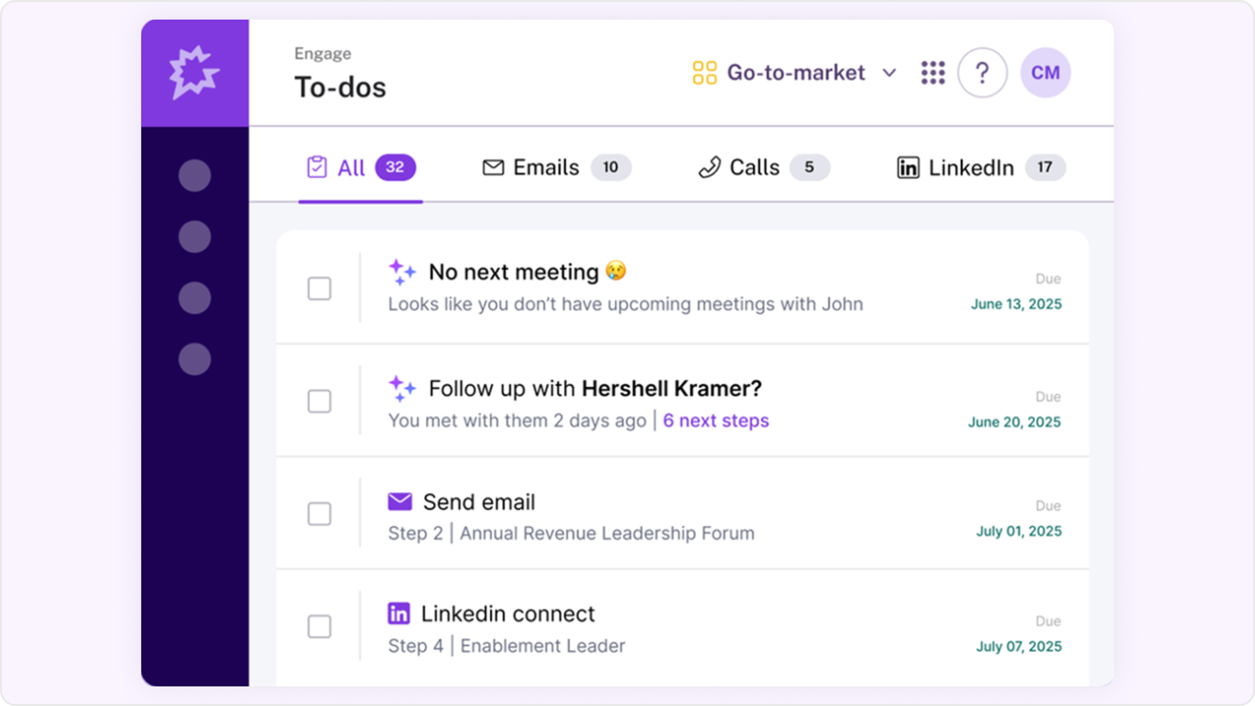 Gong dashboard showing to do list