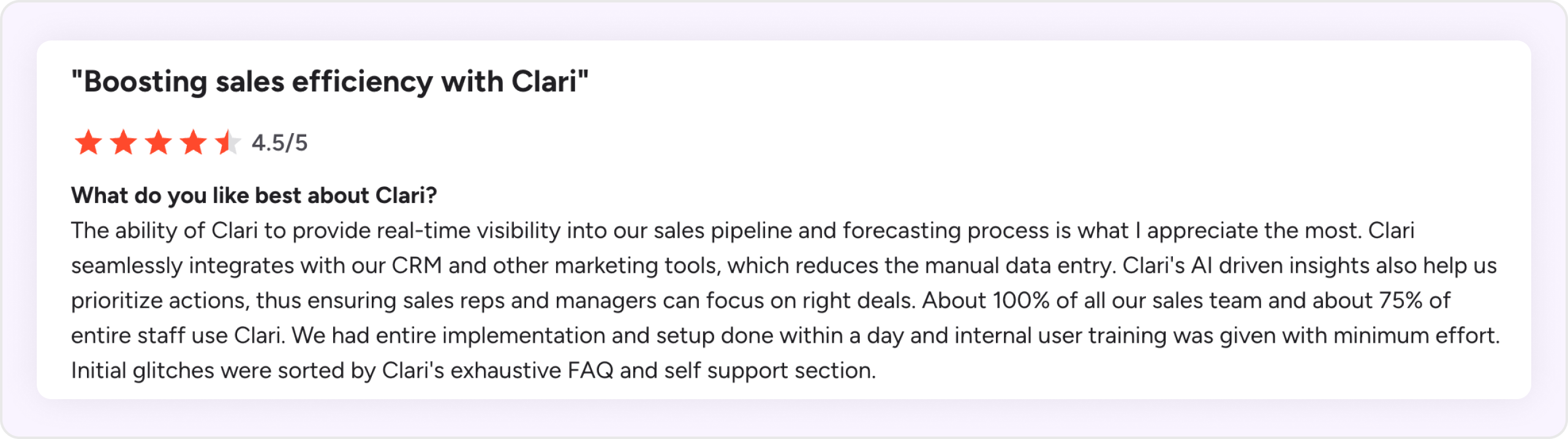 G2 customer review for Clari