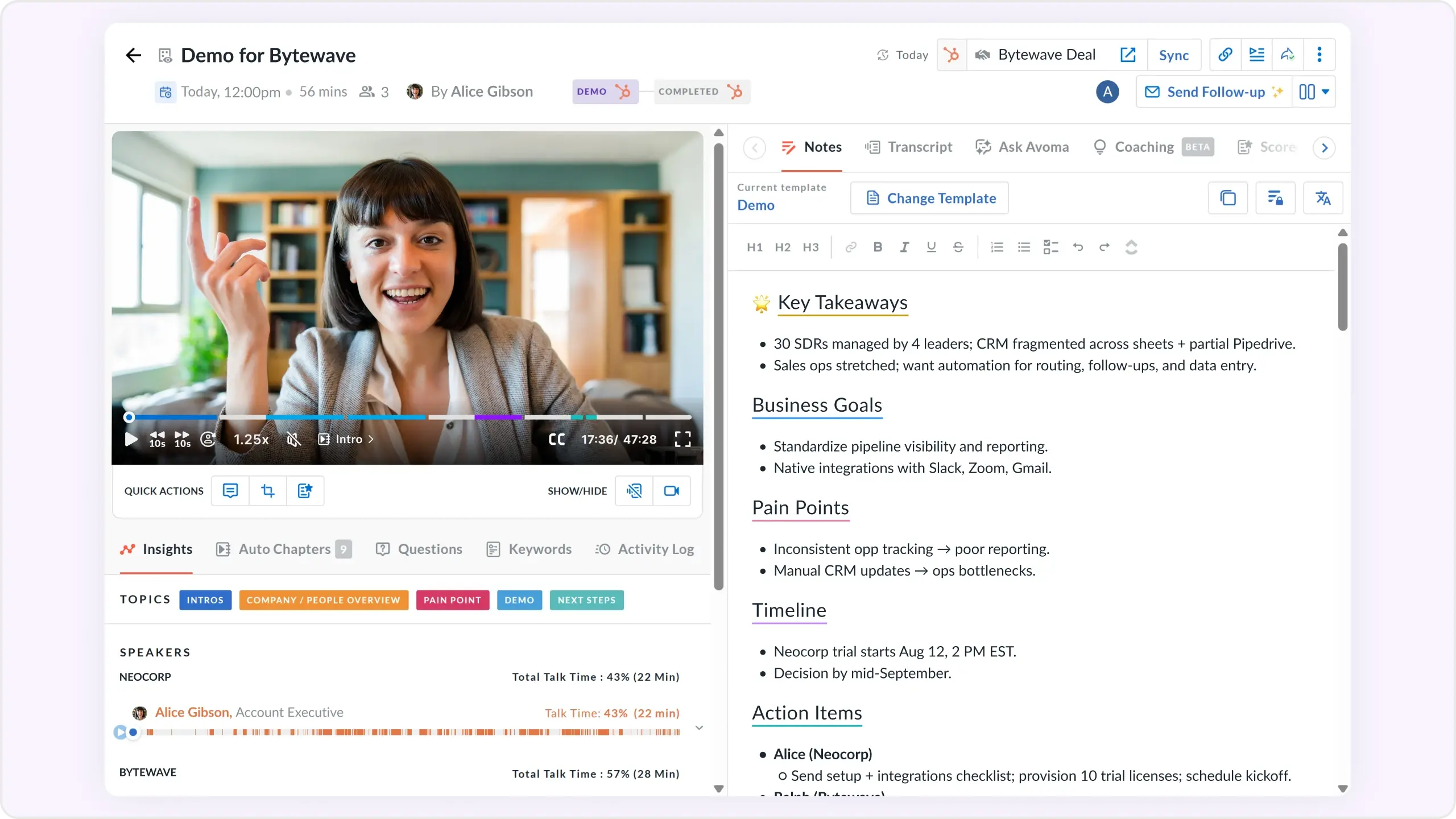 Avoma's AI meeting assistant screen showing notes, summaries, and action items