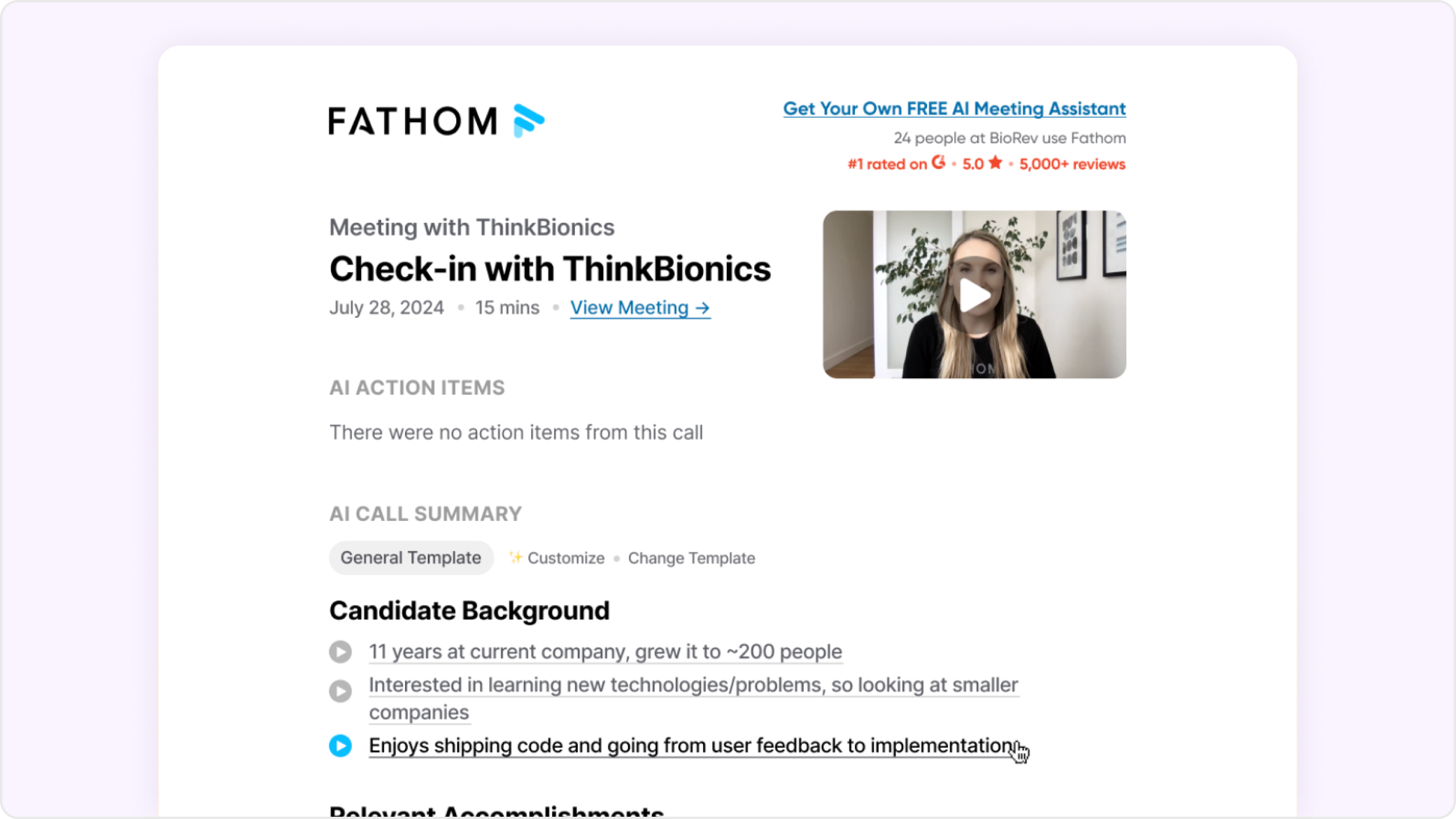 Fathom AI call summary and meeting notes