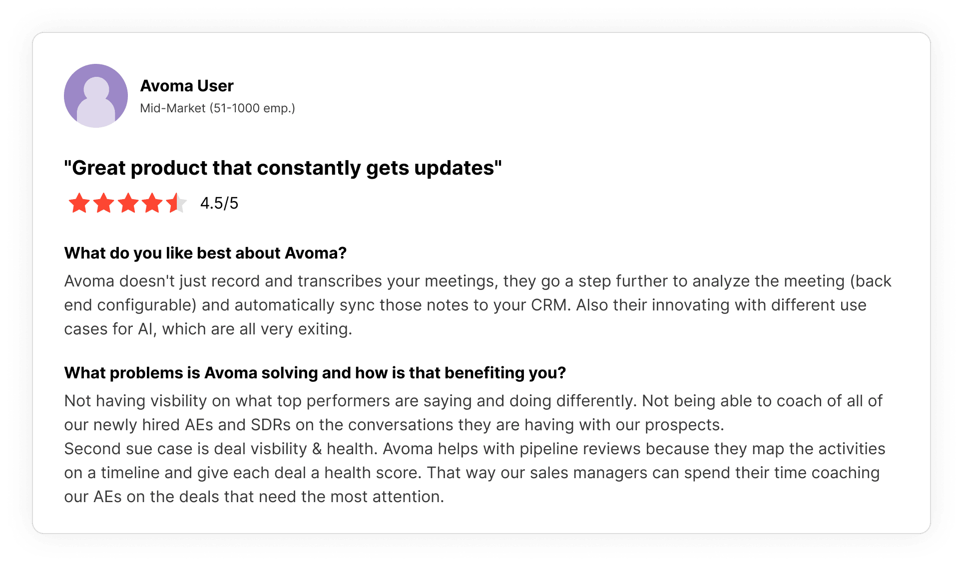 Screenshot of a G2 review praising Avoma for mapping sales activities on a timeline and assigning deal health scores to help managers focus coaching on high-priority deals.