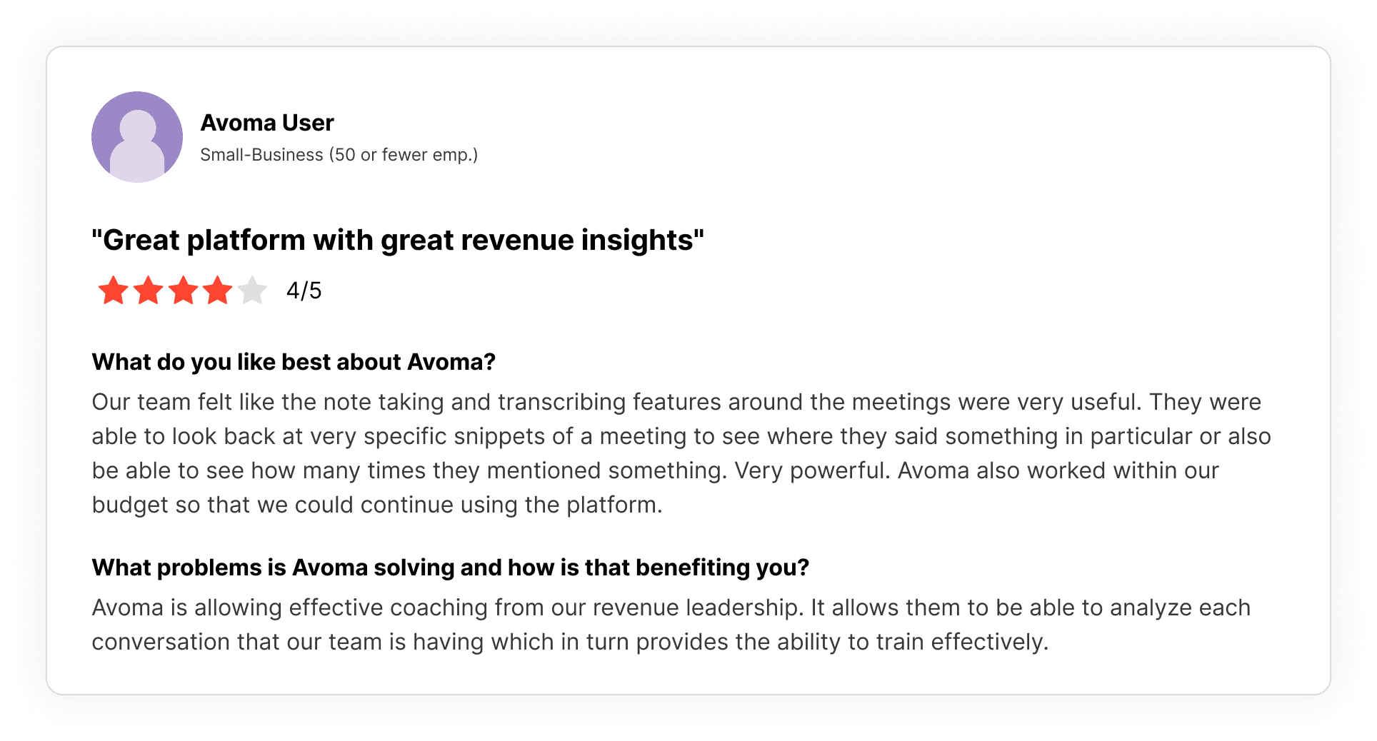Screenshot of a G2 review highlighting that Avoma enables revenue leaders to analyze team conversations and provide more effective coaching.
