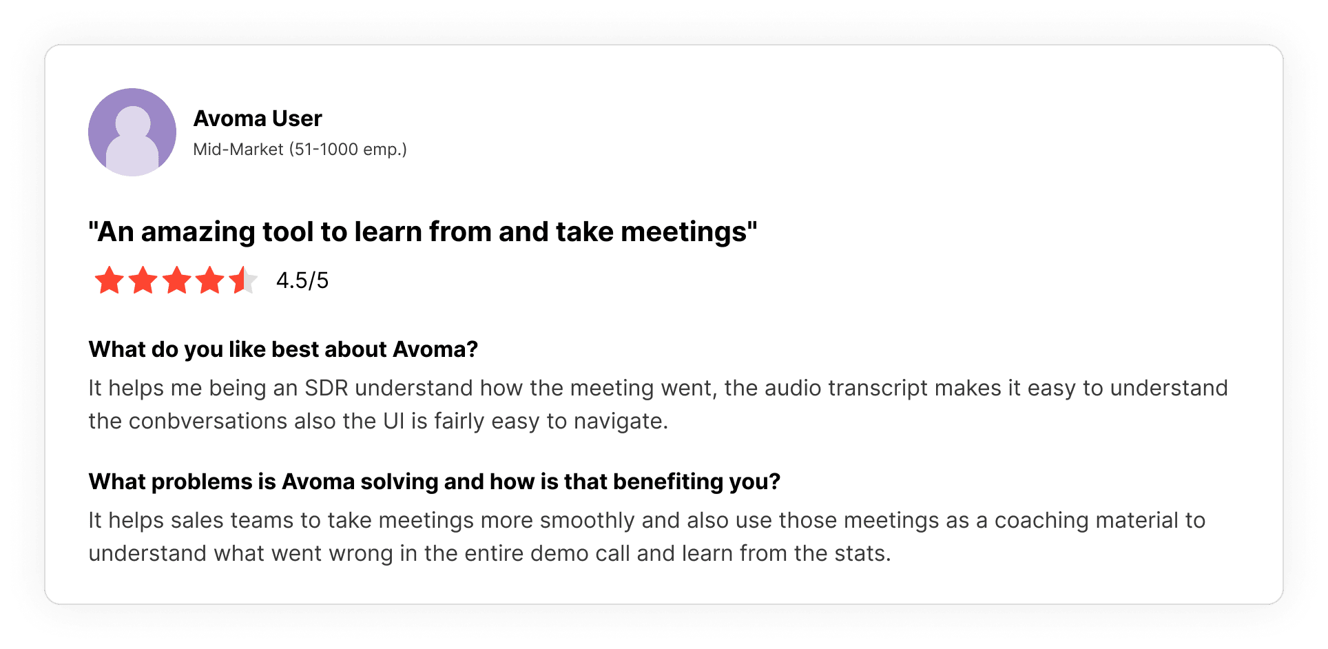 G2 review highlighting how Avoma helps SDRs save time and prepare better for meetings.
