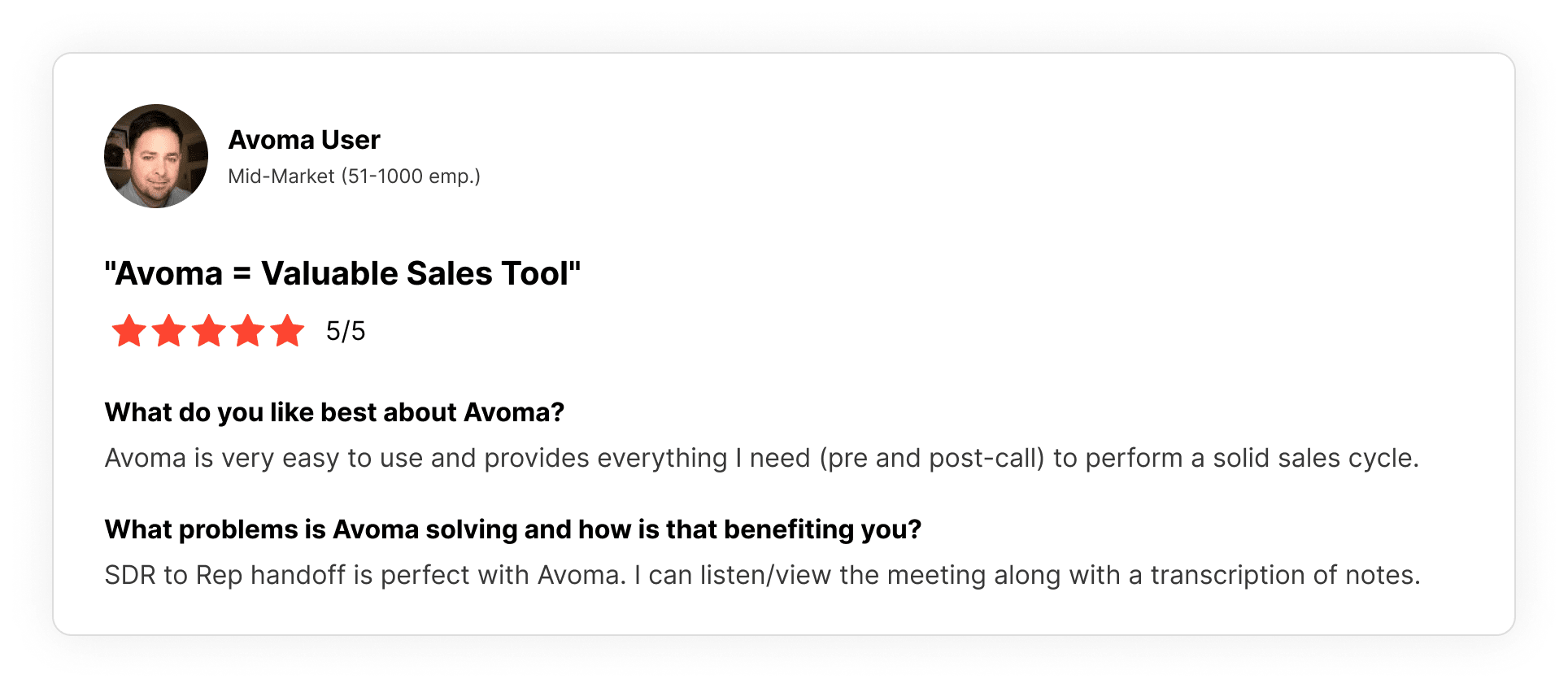G2 review praising Avoma for enabling a smooth SDR-to-rep handoff with meeting recordings, notes, and transcripts.