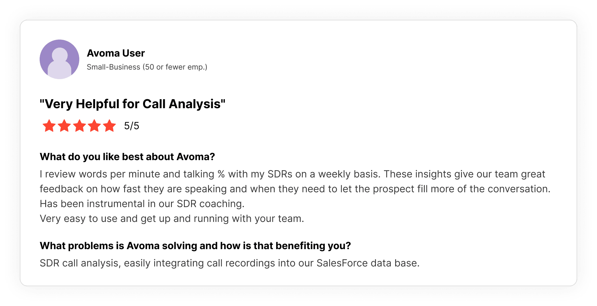 G2 review highlighting how Avoma’s call analytics improve SDR coaching through talk ratio and pace insights.
