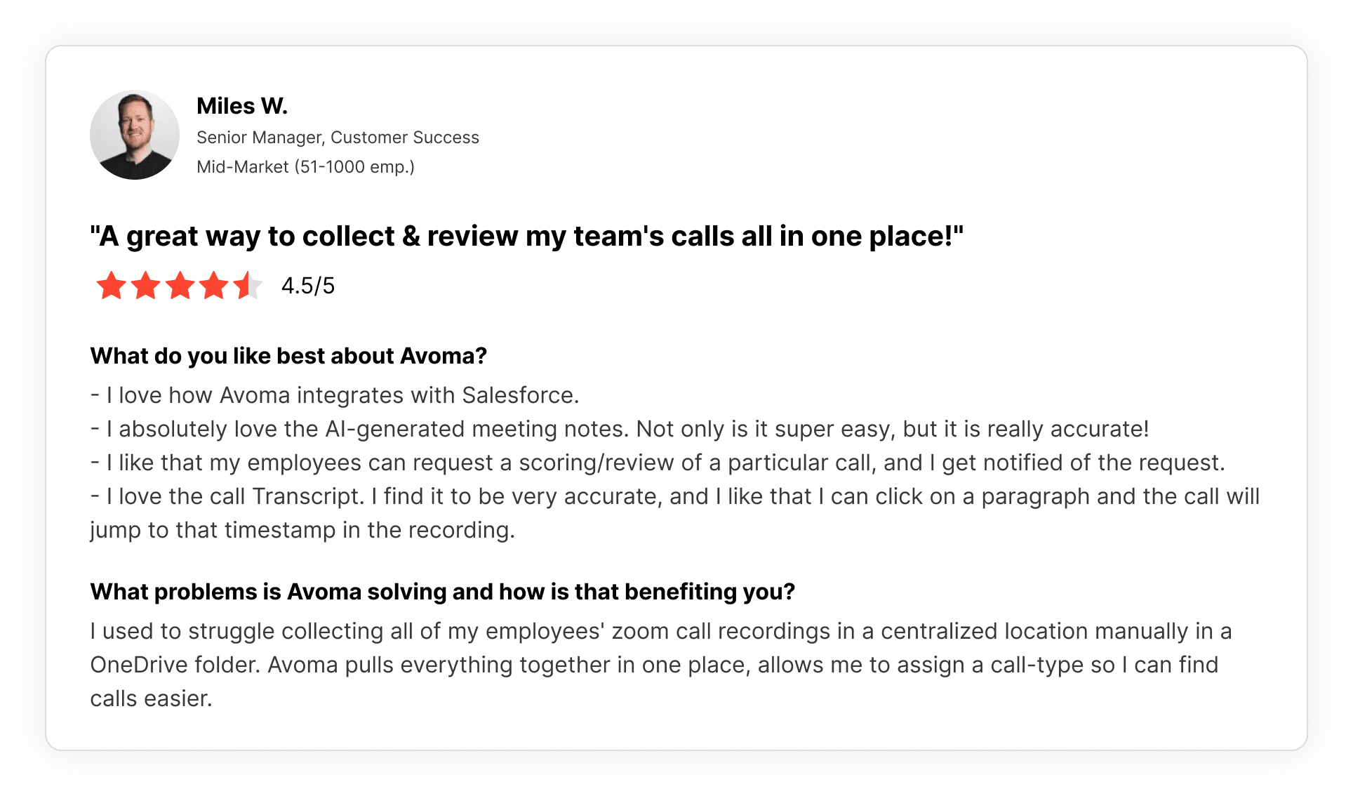 G2 review of Avoma by Customess Sucess Manager