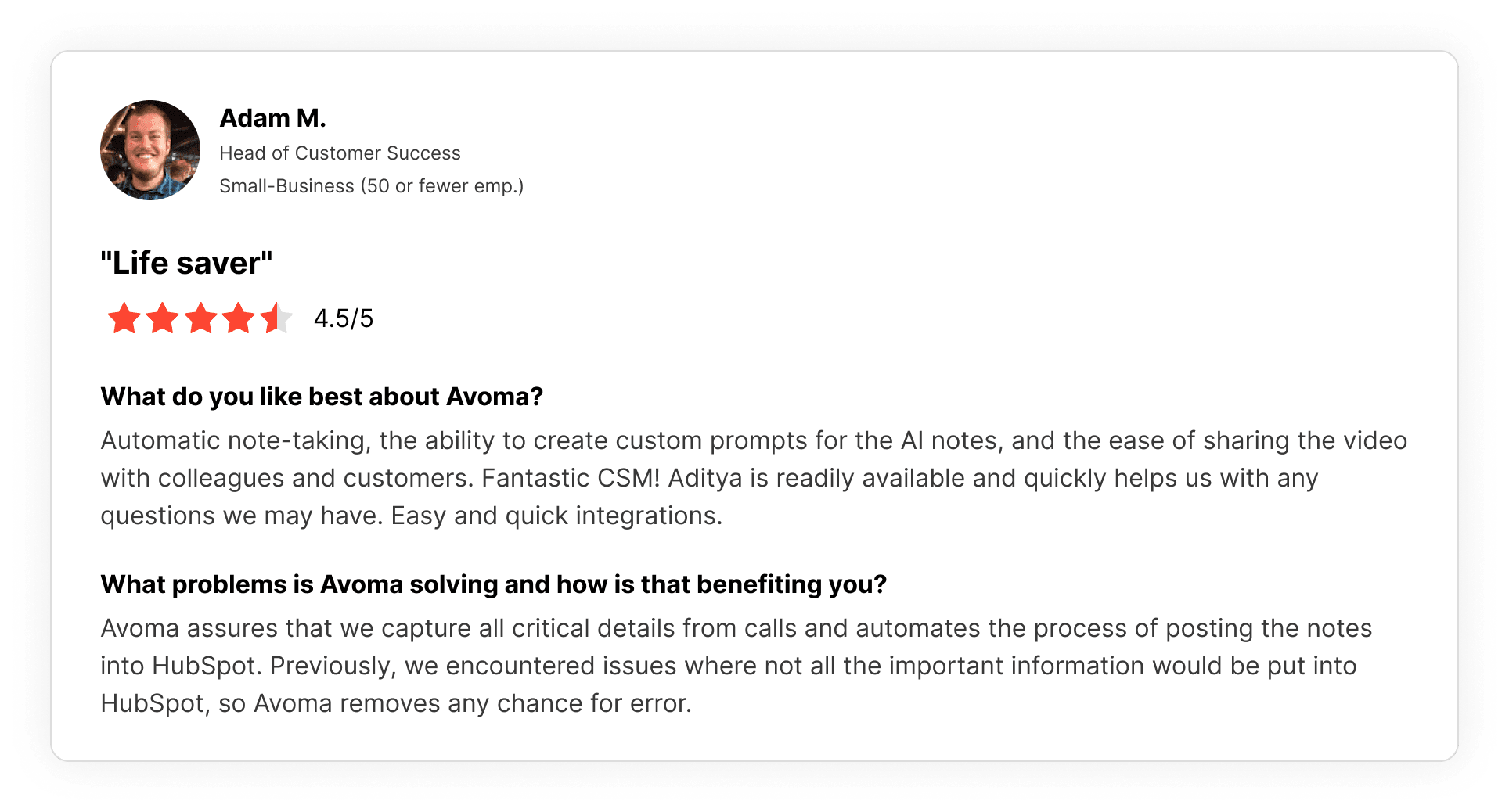 Head of customer sucess reviews Avoma on G2