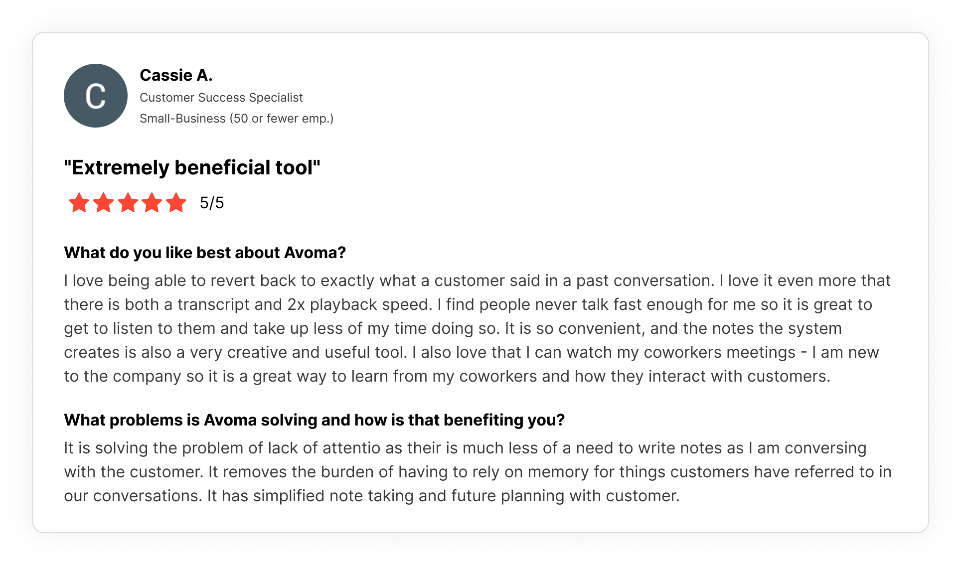 G2 review of Avoma by customer sucess speacialist