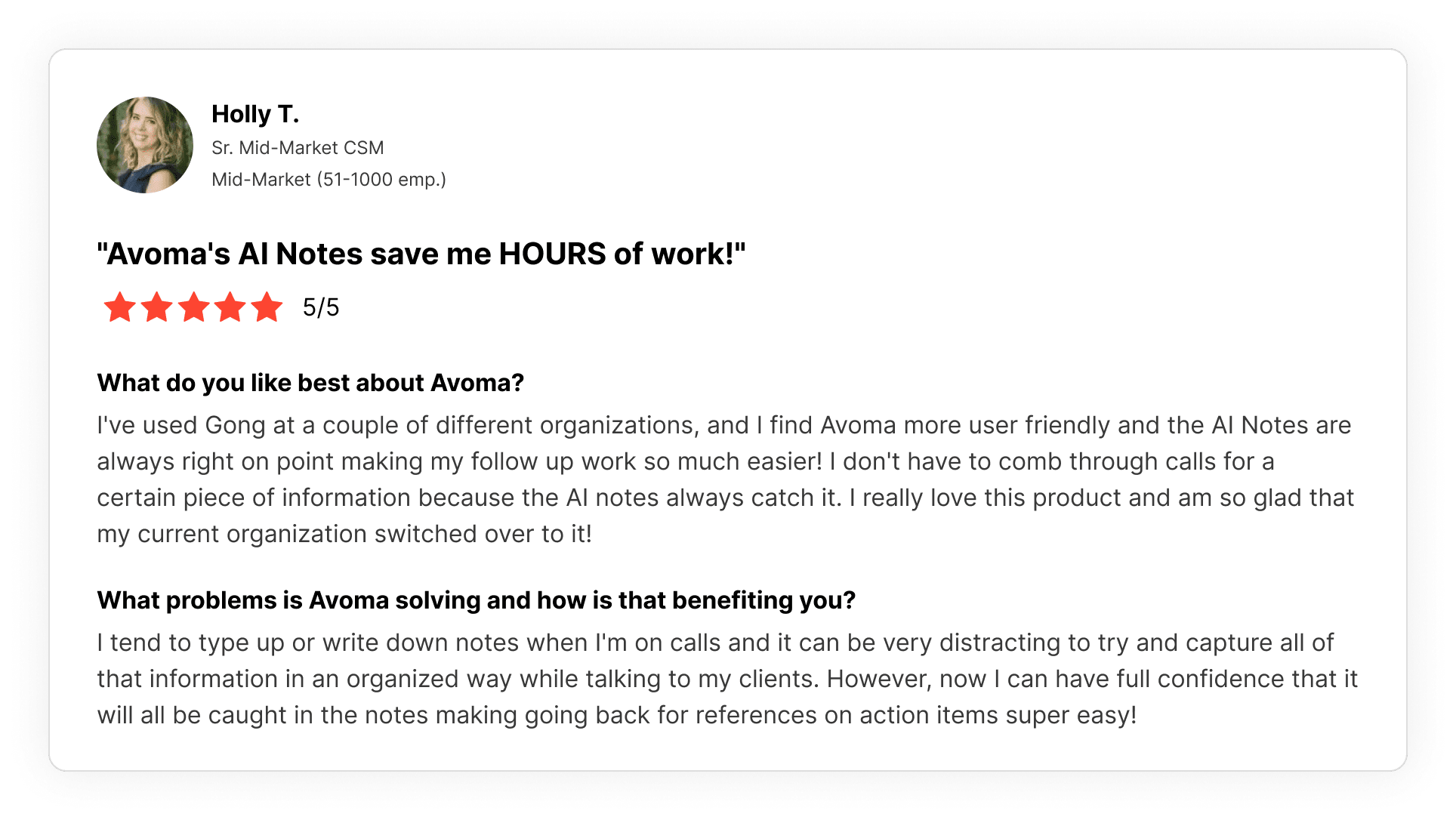 G2 review of Avoma by customer sucess manager